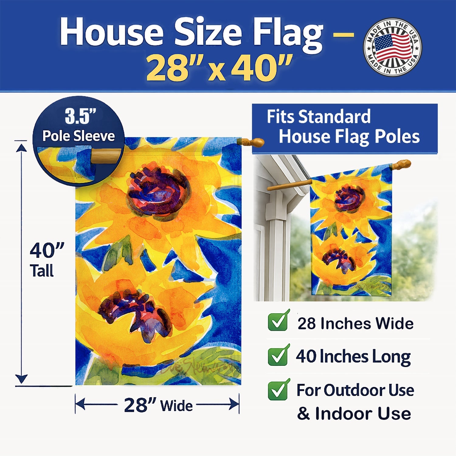 Flower - Sunflower House Flag 28x40 Porch Sleeve Pole Decorative Outside Yard Banner Artwork Wall Hanging, Polyester