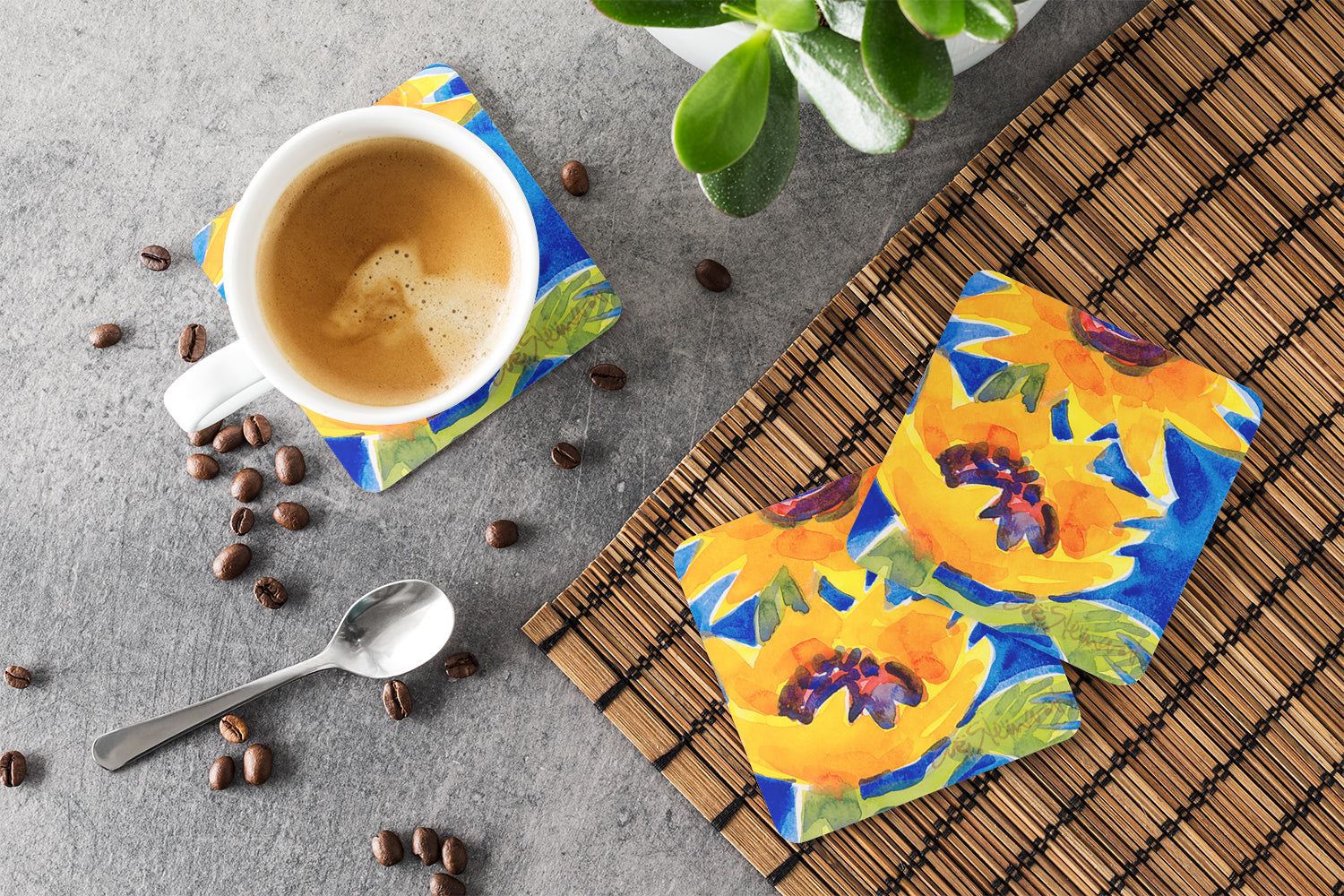 Flower - Sunflower Foam Coasters Set of 4 Cup Coasters for Indoor Outdoor, Tabletop Protection, Anti Slip, Mouse pad Material