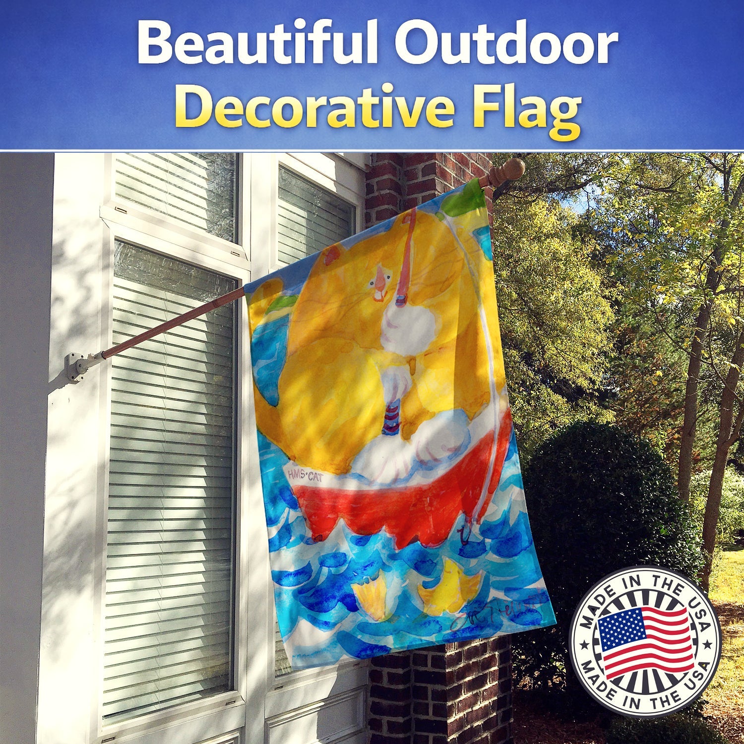 Big Orange Tabby Fishing House Flag 28x40 Porch Sleeve Pole Decorative Outside Yard Banner Artwork Wall Hanging, Polyester