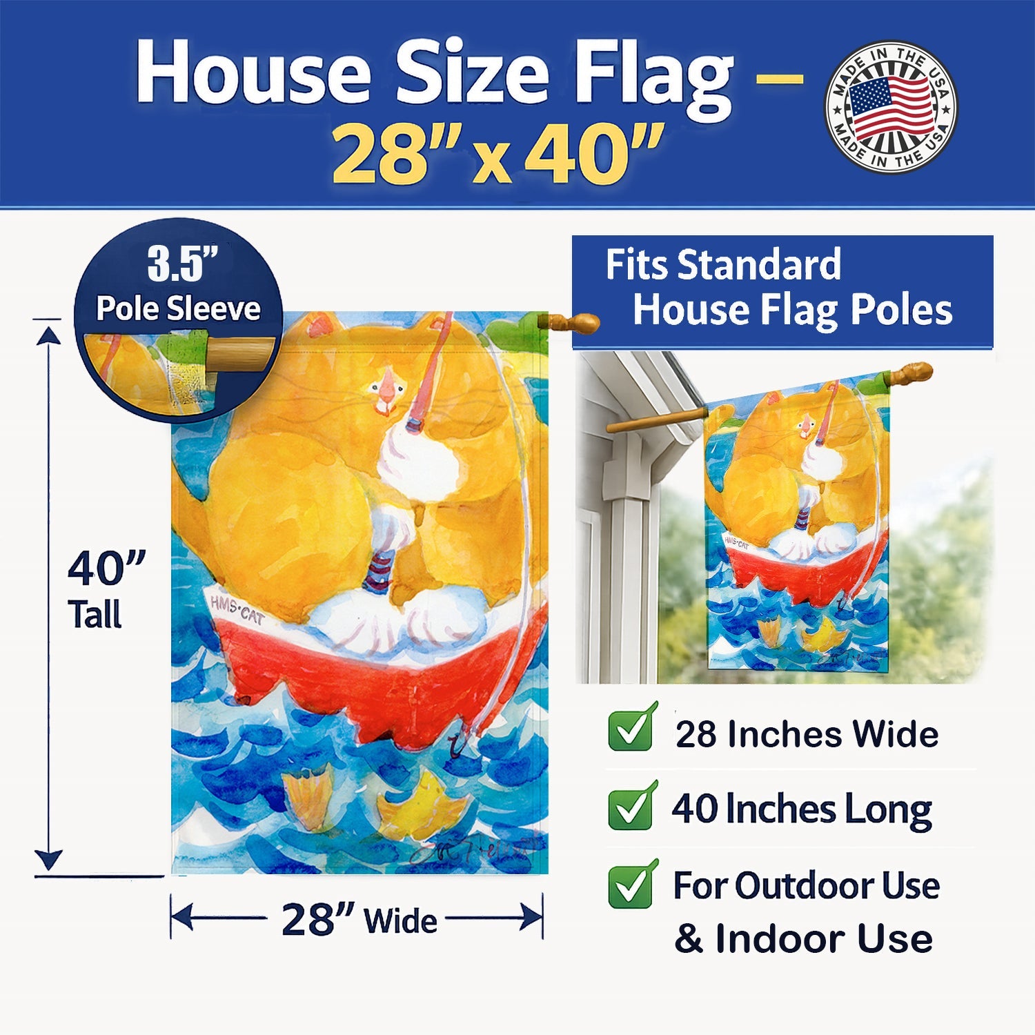 Big Orange Tabby Fishing House Flag 28x40 Porch Sleeve Pole Decorative Outside Yard Banner Artwork Wall Hanging, Polyester