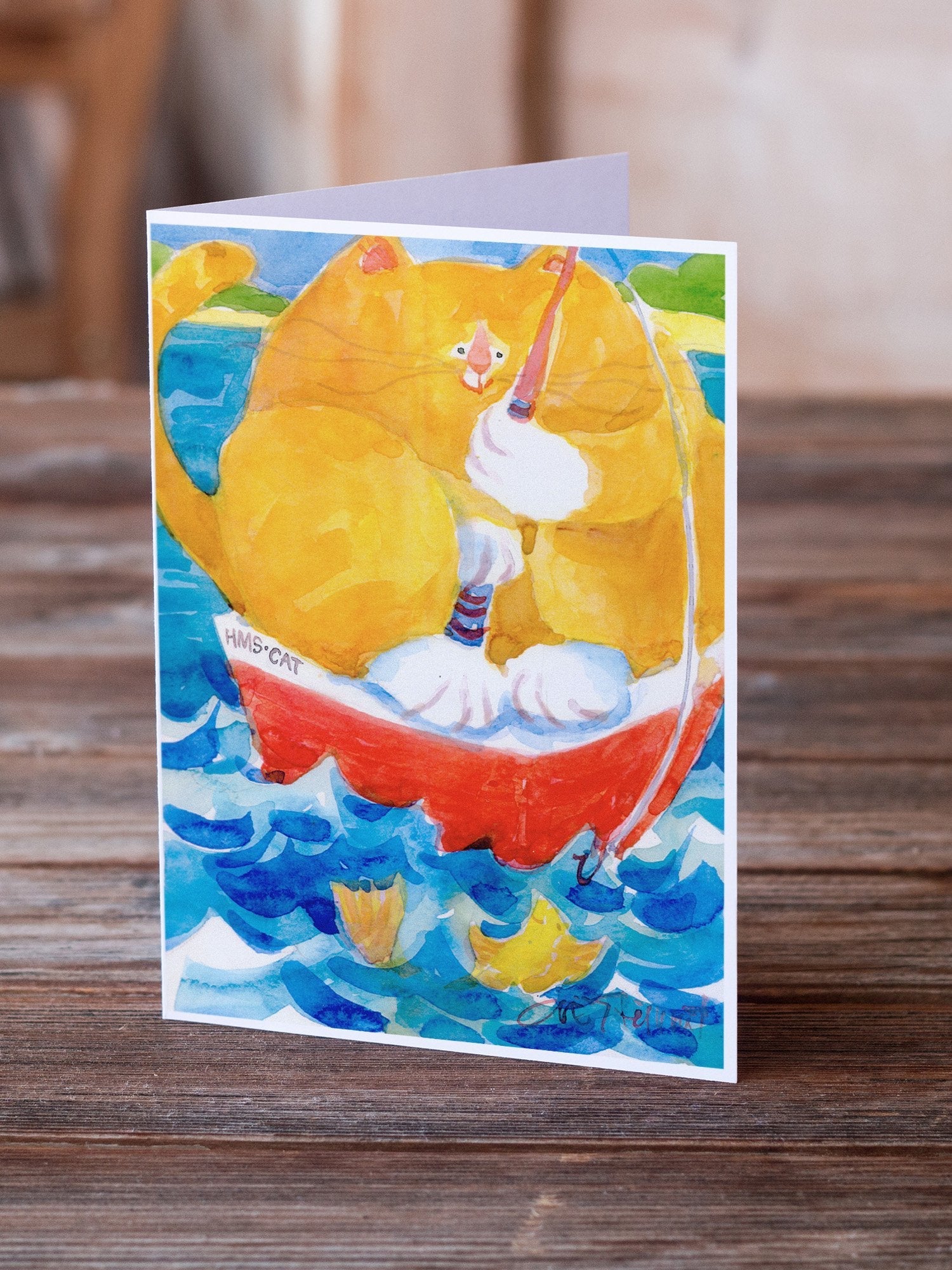 Big Orange Tabby Fishing Greeting Cards Pack of 8 Blank Cards with Envelopes Whimsical A7 Size 5x7