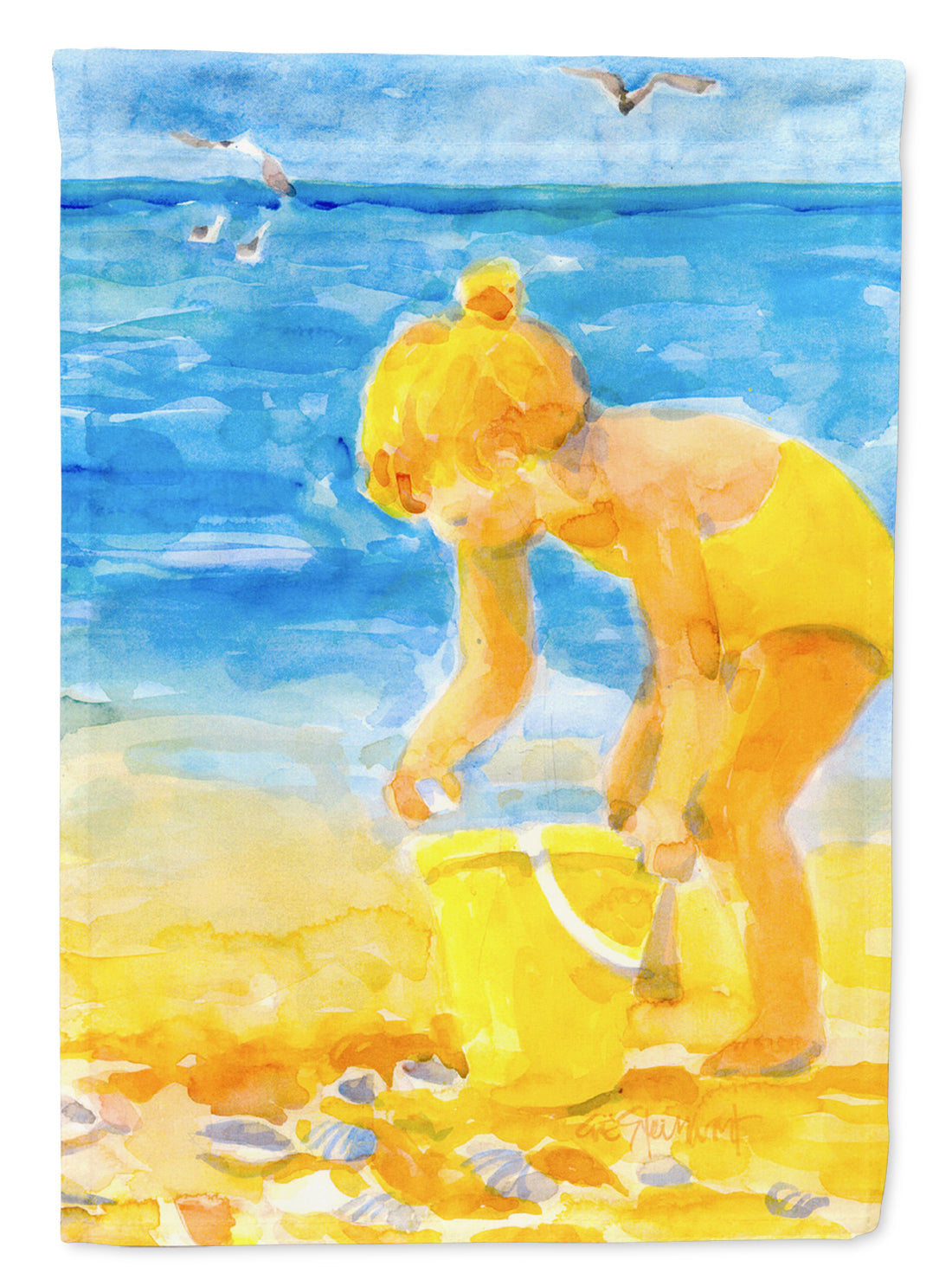 Little Girl at the beach House Flag 28x40 Porch Sleeve Pole Decorative Outside Yard Banner Artwork Wall Hanging, Polyester