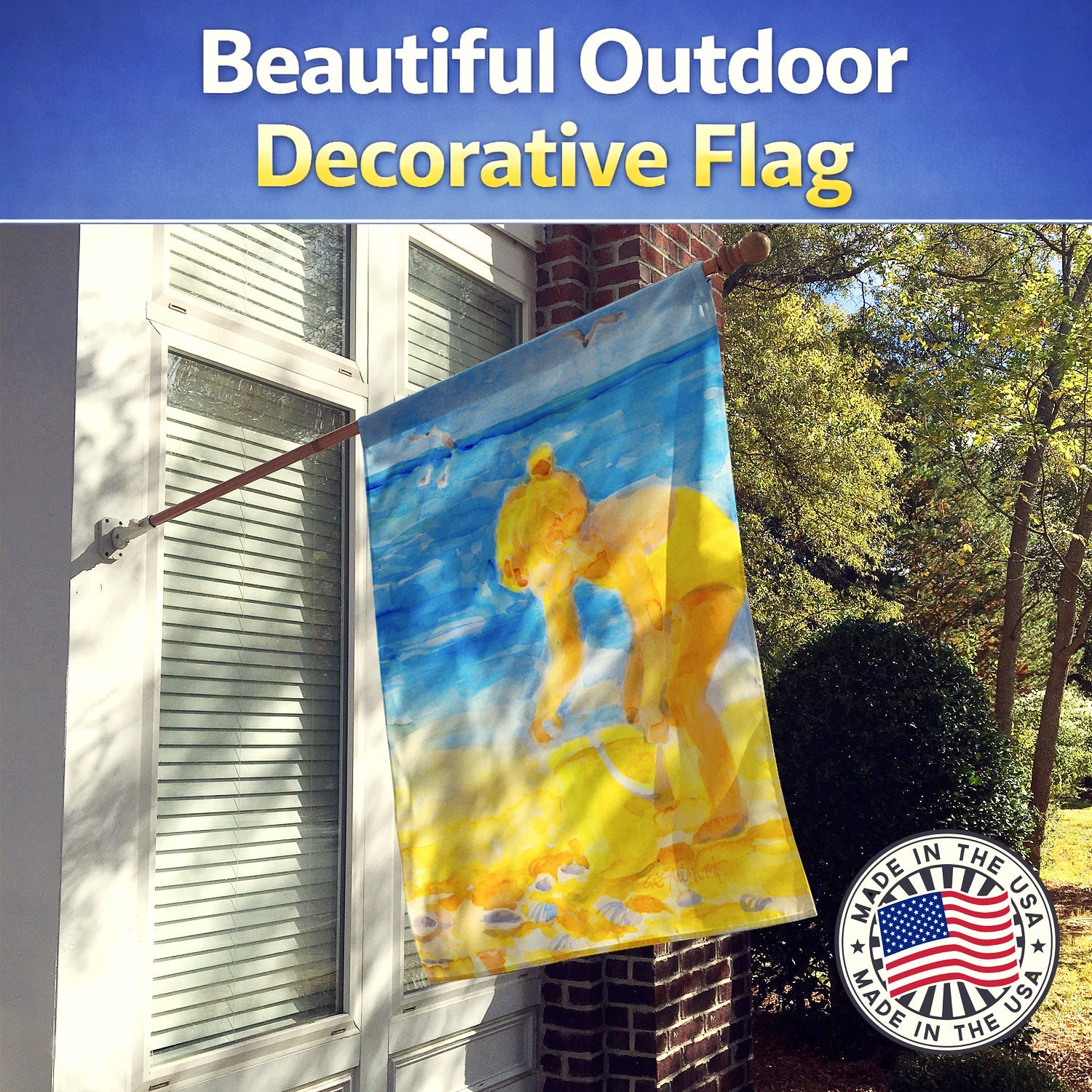Little Girl at the beach House Flag 28x40 Porch Sleeve Pole Decorative Outside Yard Banner Artwork Wall Hanging, Polyester