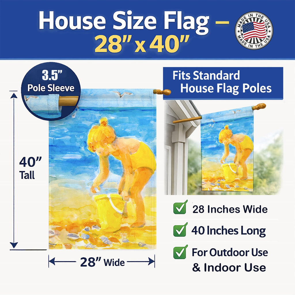 Little Girl at the beach House Flag 28x40 Porch Sleeve Pole Decorative Outside Yard Banner Artwork Wall Hanging, Polyester