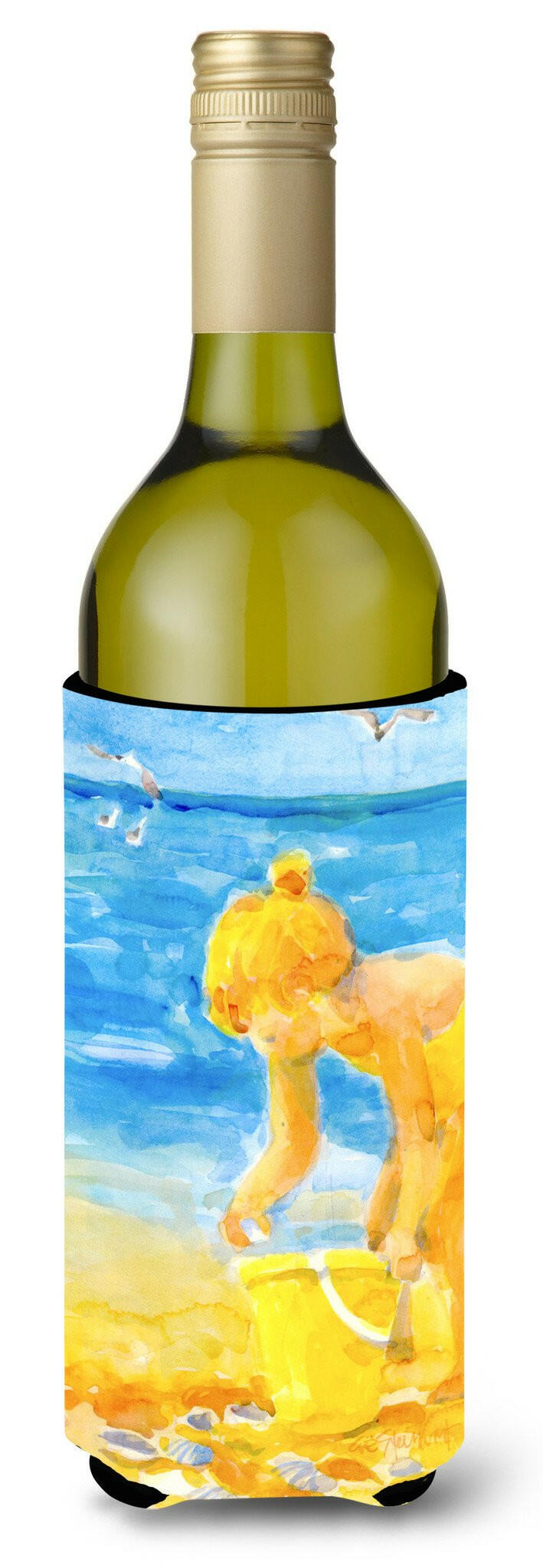 Little Girl at the beach Wine Bottle Hugger Gift Sleeve for Standard 750 ml Bottles, Insulated Reusable Also Fits Mini Shot & Pint Bottles