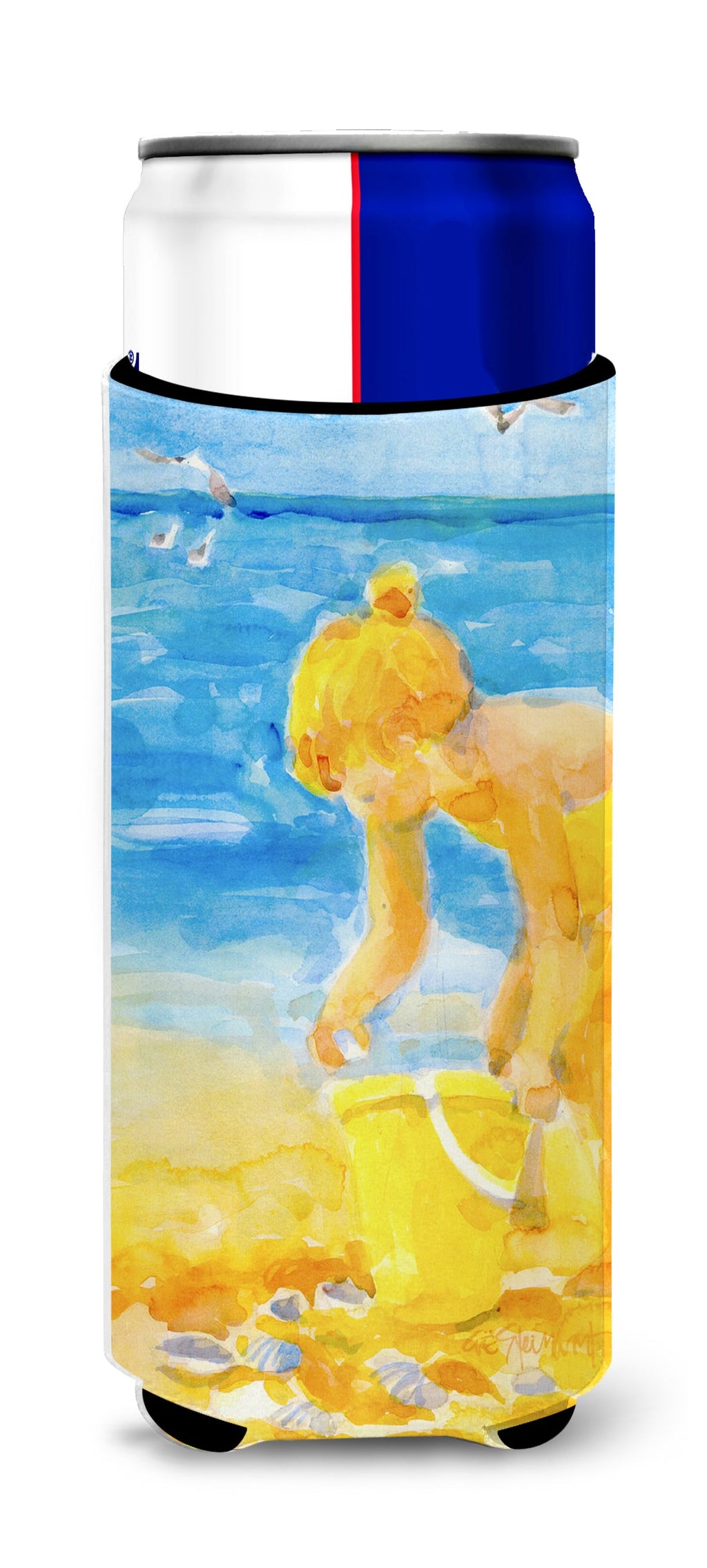 Little Girl at the beach Slim Can Hugger , Insulated Foam Hugger for 12 oz Slim Cans, Beer Bottles & Water Bottles, Printed in USA