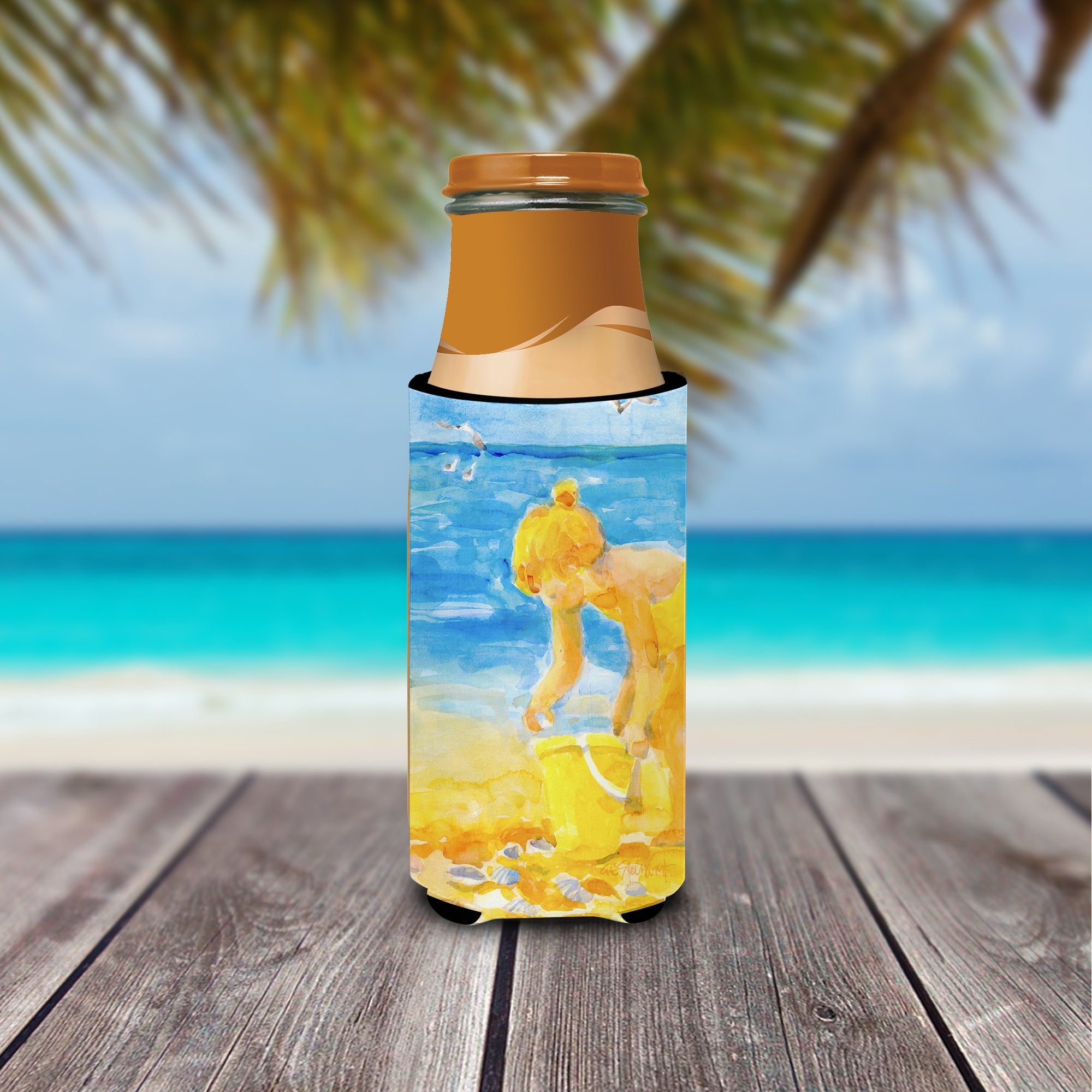 Little Girl at the beach Slim Can Hugger , Insulated Foam Hugger for 12 oz Slim Cans, Beer Bottles & Water Bottles, Printed in USA
