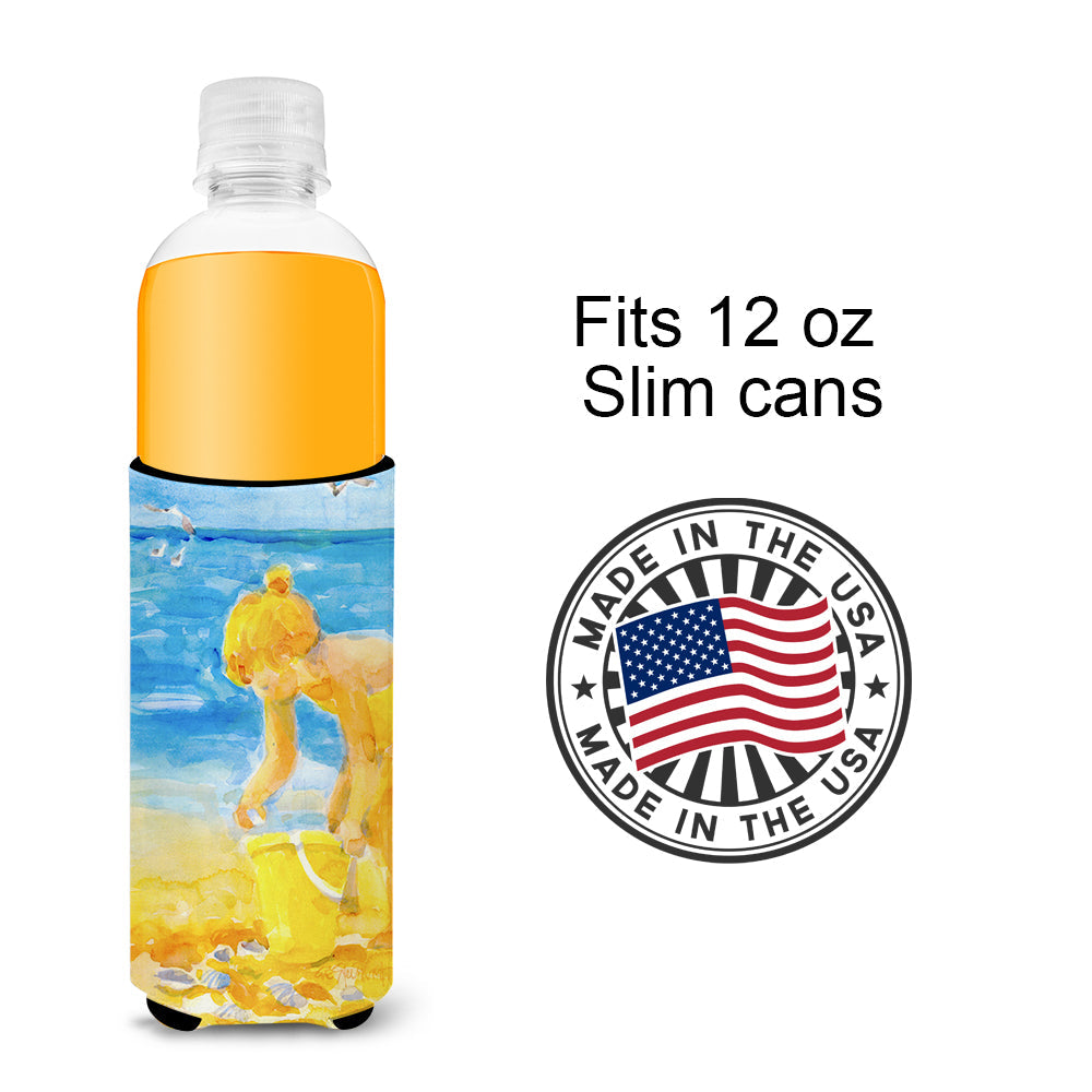 Little Girl at the beach Slim Can Hugger , Insulated Foam Hugger for 12 oz Slim Cans, Beer Bottles & Water Bottles, Printed in USA
