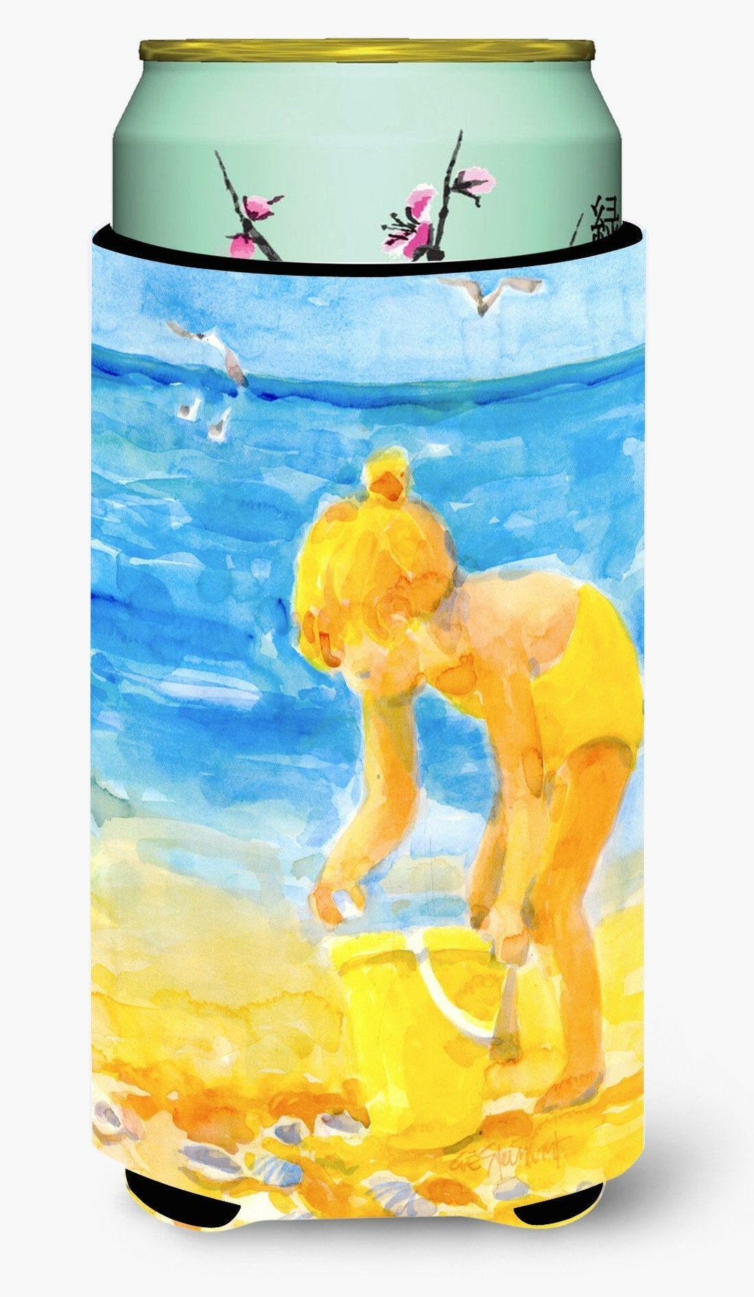 Little Girl at the beach Tall Boy Hugger Can Cooler Sleeve Machine Washable Drink Collapsible Insulator Beverage Insulated Holder