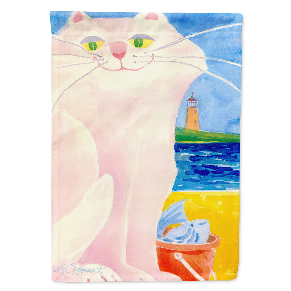 Big white Cat at the beach House Flag 28x40 Porch Sleeve Pole Decorative Outside Yard Banner Artwork Wall Hanging, Polyester