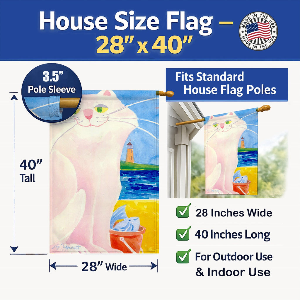 Big white Cat at the beach House Flag 28x40 Porch Sleeve Pole Decorative Outside Yard Banner Artwork Wall Hanging, Polyester