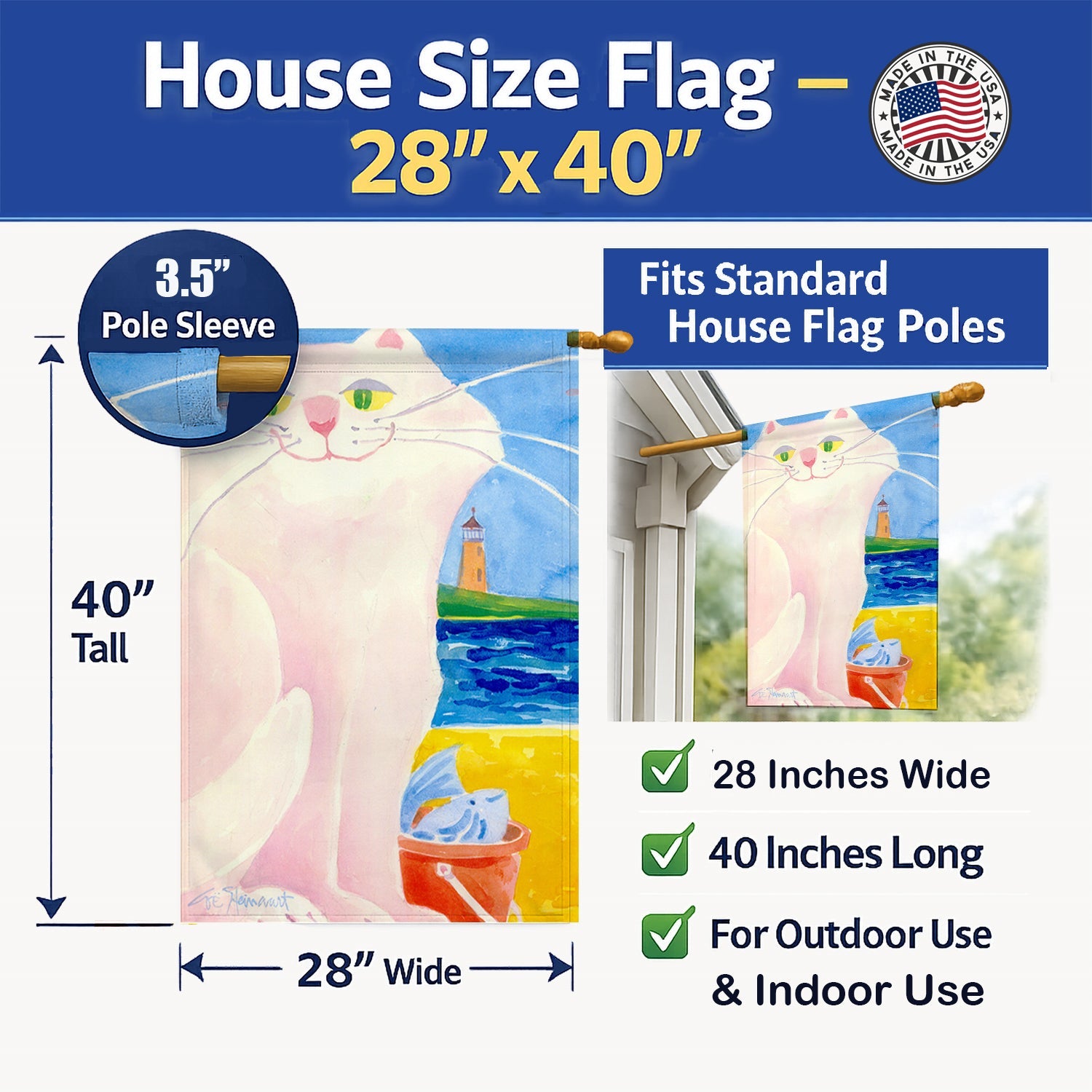 Big white Cat at the beach House Flag 28x40 Porch Sleeve Pole Decorative Outside Yard Banner Artwork Wall Hanging, Polyester