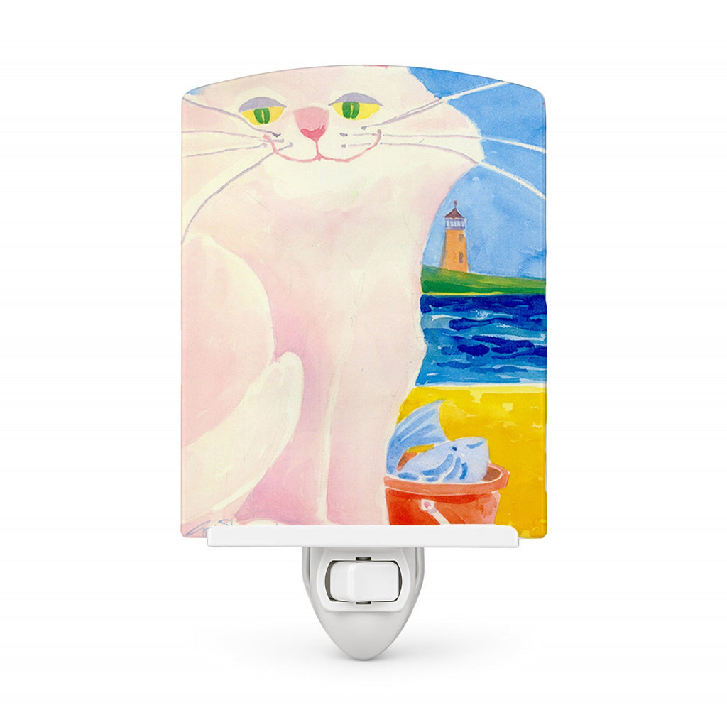 Big white Cat at the beach Ceramic Night Light Compact, UL-Certified, Ideal for Bedroom, Bathroom, Nursery, Hallway, Kitchen, 6x4x3, Multicolor