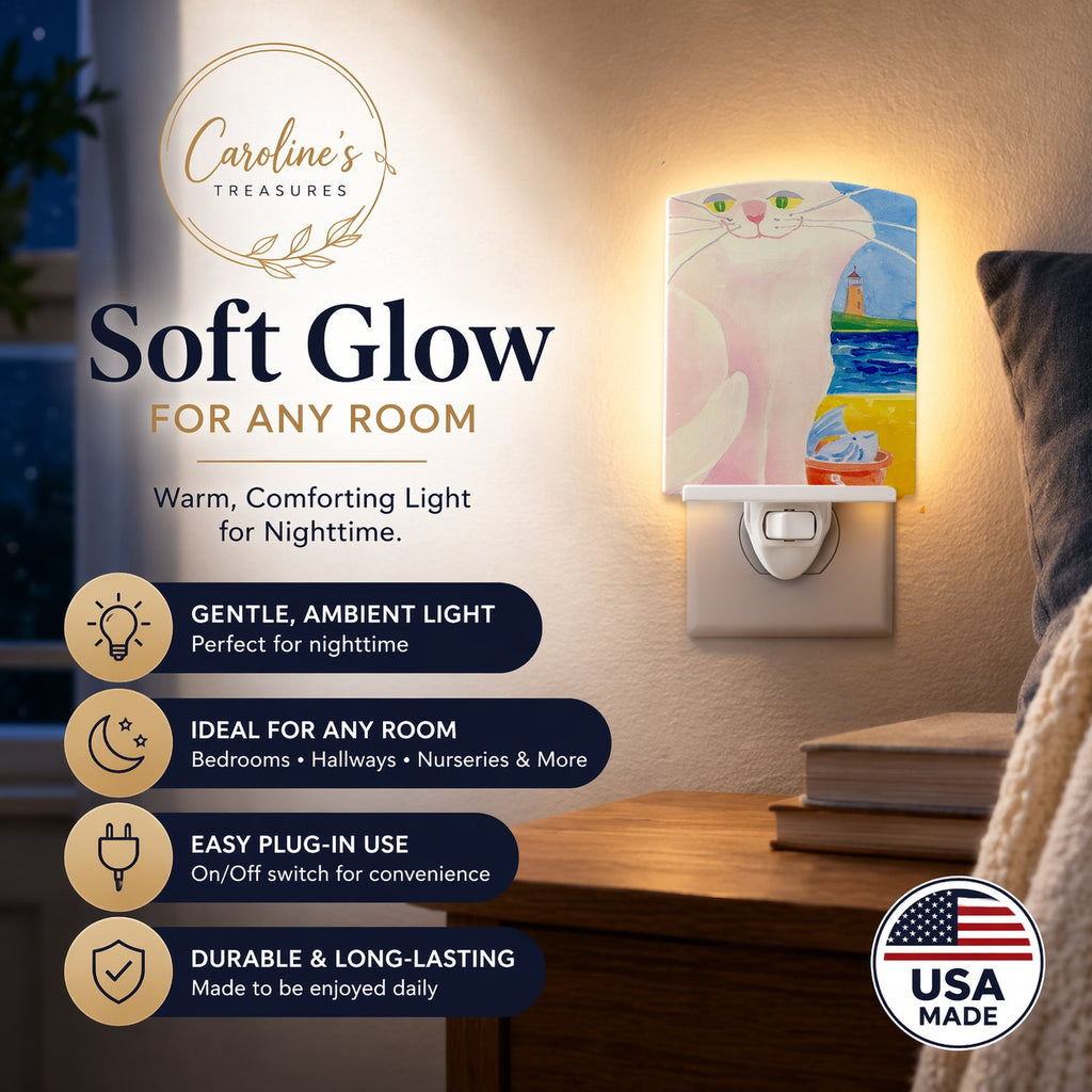 Big white Cat at the beach Ceramic Night Light Compact, UL-Certified, Ideal for Bedroom, Bathroom, Nursery, Hallway, Kitchen, 6x4x3, Multicolor