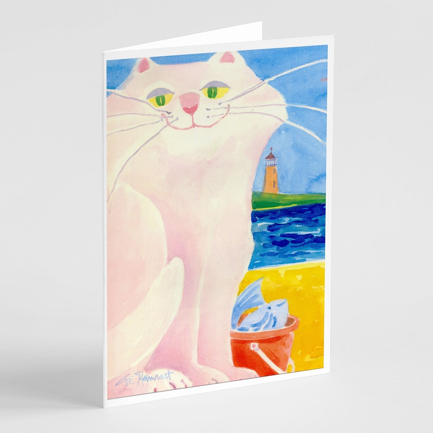 Big white Cat at the beach Greeting Cards Pack of 8 Blank Cards with Envelopes Whimsical A7 Size 5x7