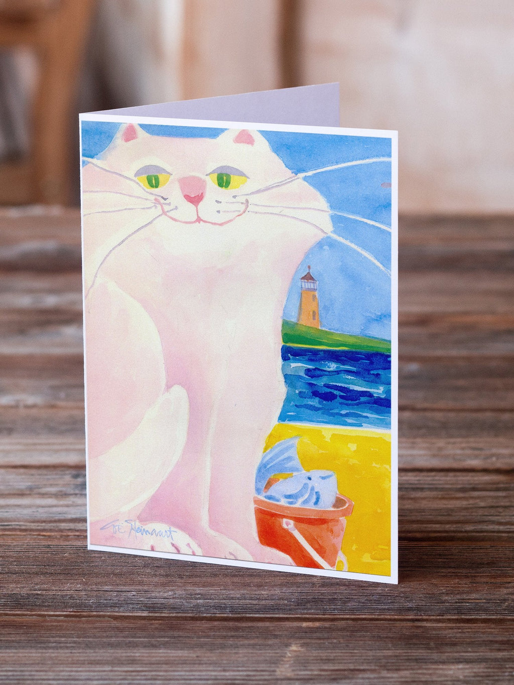 Big white Cat at the beach Greeting Cards Pack of 8 Blank Cards with Envelopes Whimsical A7 Size 5x7