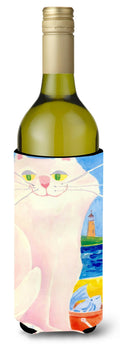 Big white Cat at the beach Wine Bottle Hugger Gift Sleeve for Standard 750 ml Bottles, Insulated Reusable Also Fits Mini Shot & Pint Bottles