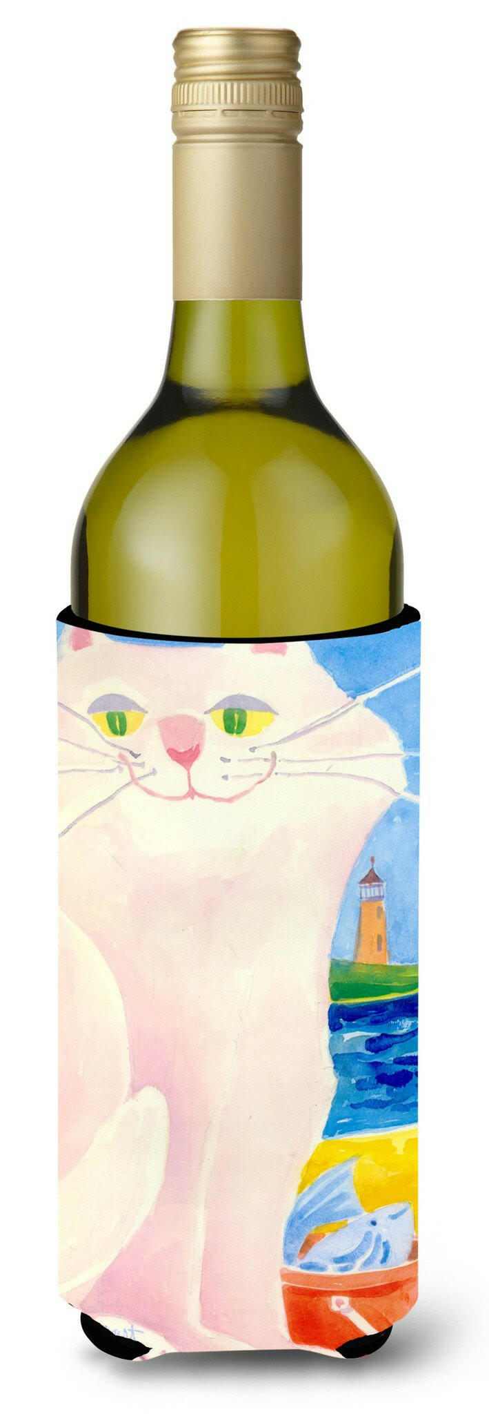 Big white Cat at the beach Wine Bottle Hugger Gift Sleeve for Standard 750 ml Bottles, Insulated Reusable Also Fits Mini Shot & Pint Bottles