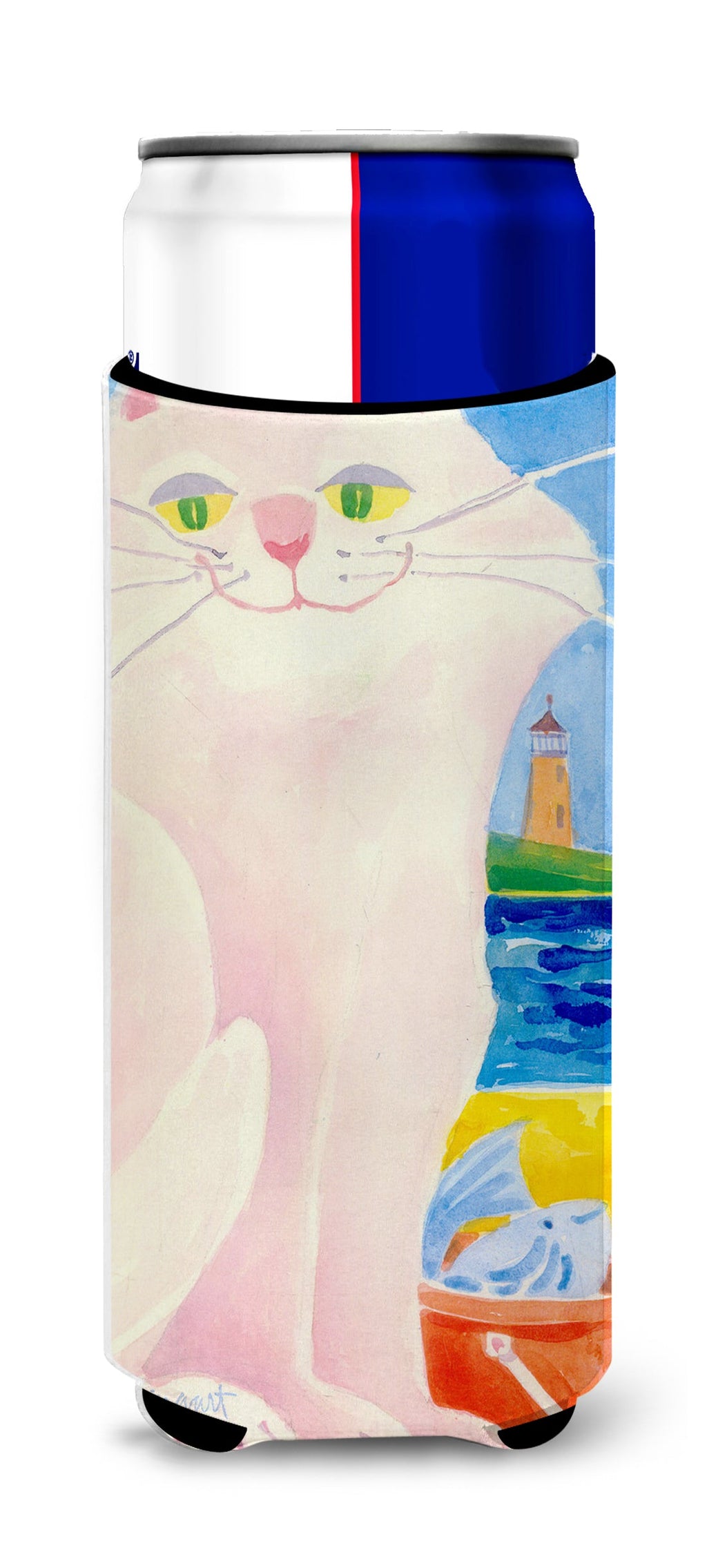 Big white Cat at the beach Slim Can Hugger , Insulated Foam Hugger for 12 oz Slim Cans, Beer Bottles & Water Bottles, Printed in USA