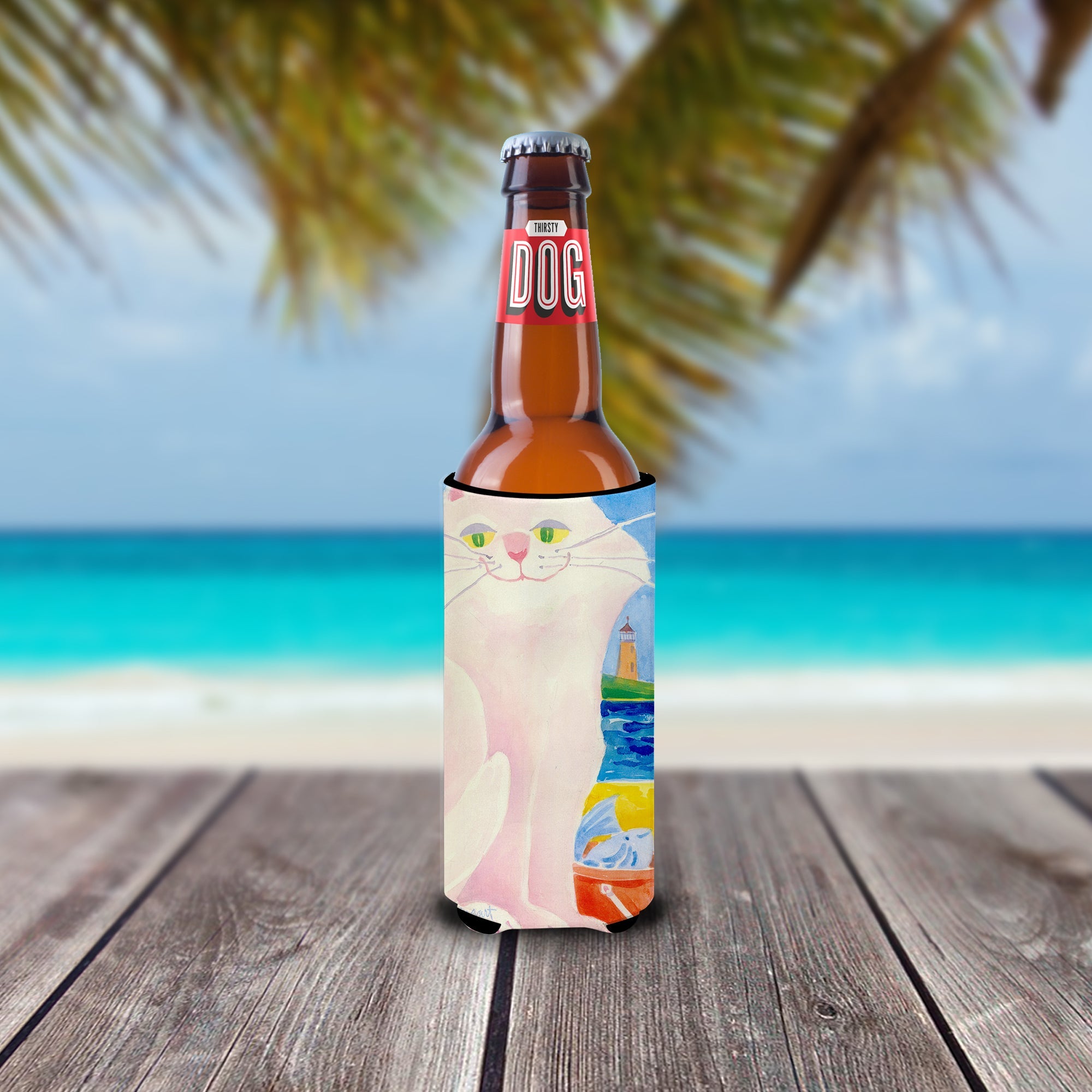 Big white Cat at the beach Slim Can Hugger , Insulated Foam Hugger for 12 oz Slim Cans, Beer Bottles & Water Bottles, Printed in USA