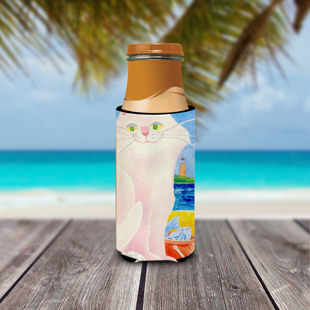 Big white Cat at the beach Slim Can Hugger , Insulated Foam Hugger for 12 oz Slim Cans, Beer Bottles & Water Bottles, Printed in USA