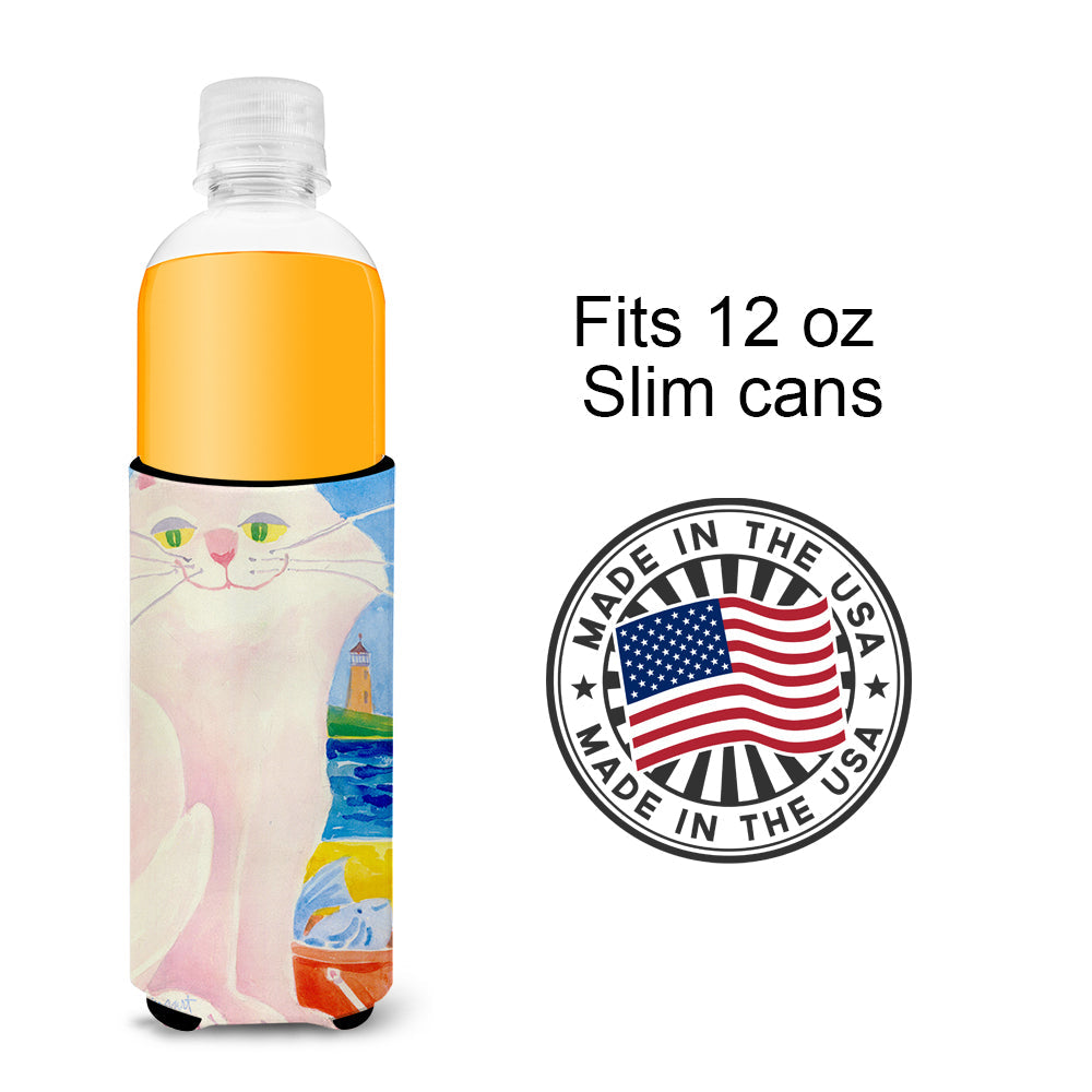 Big white Cat at the beach Slim Can Hugger , Insulated Foam Hugger for 12 oz Slim Cans, Beer Bottles & Water Bottles, Printed in USA