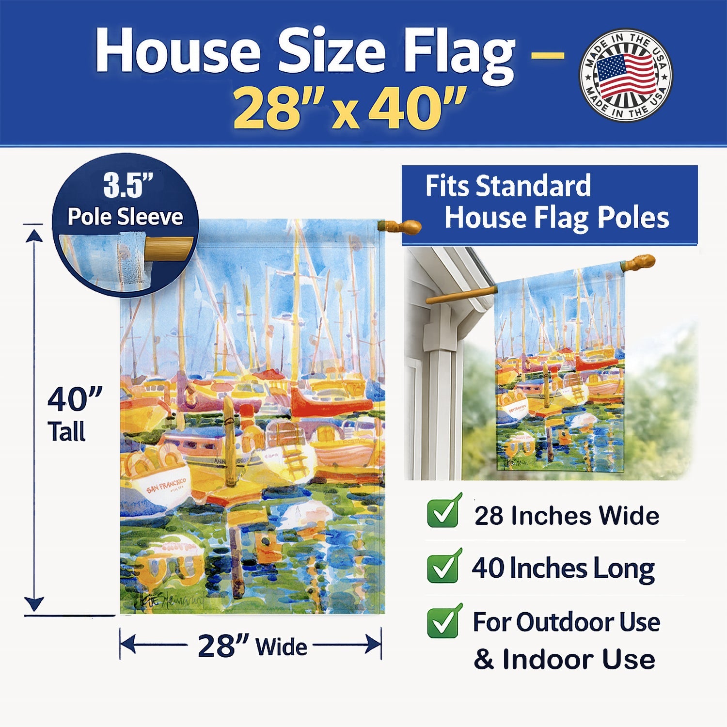 Boats at the Harbour House Flag 28x40 Porch Sleeve Pole Decorative Outside Yard Banner Artwork Wall Hanging, Polyester