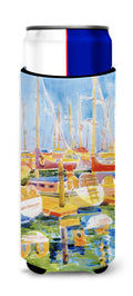 Boats at the Harbour Slim Can Hugger , Insulated Foam Hugger for 12 oz Slim Cans, Beer Bottles & Water Bottles, Printed in USA