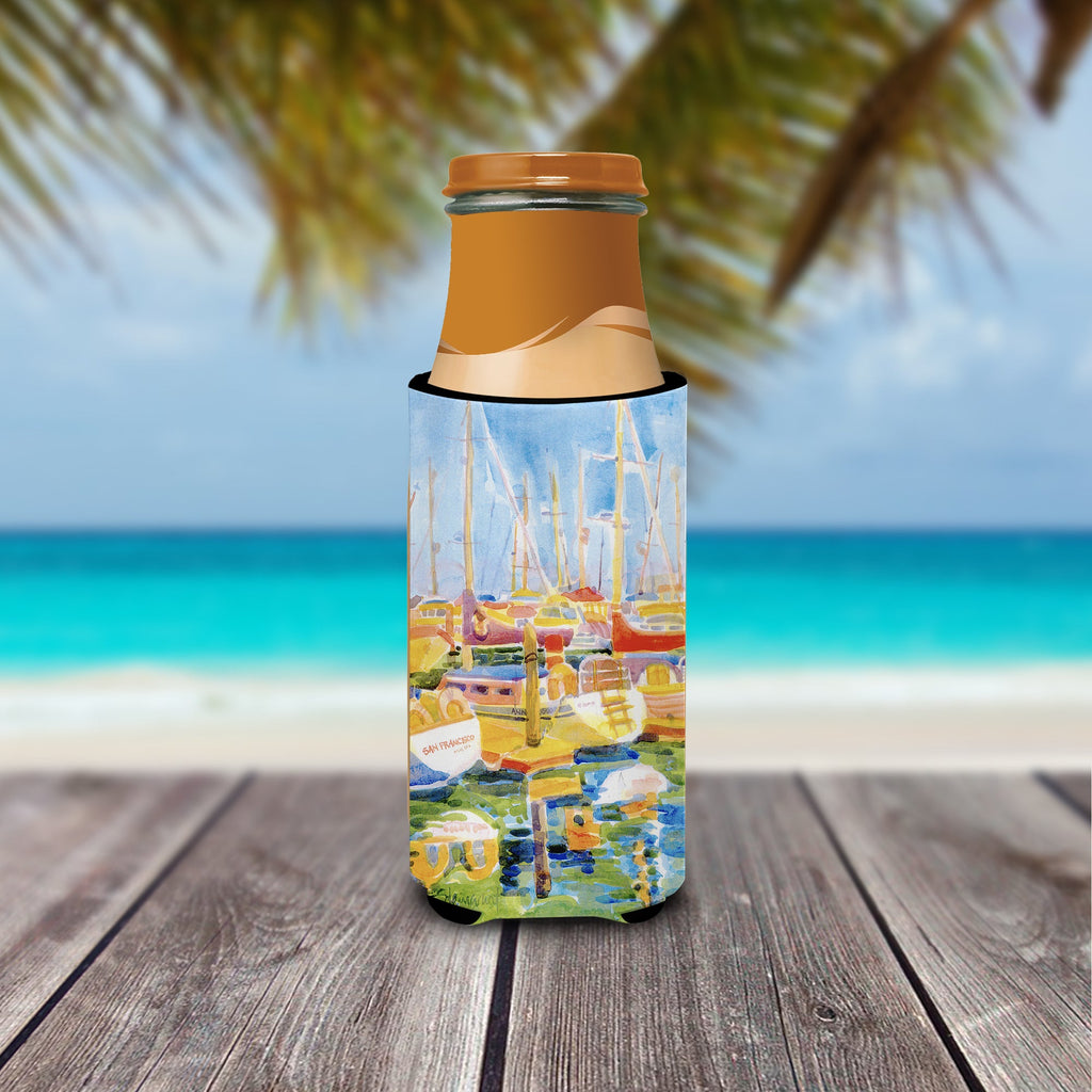 Boats at the Harbour Slim Can Hugger , Insulated Foam Hugger for 12 oz Slim Cans, Beer Bottles & Water Bottles, Printed in USA
