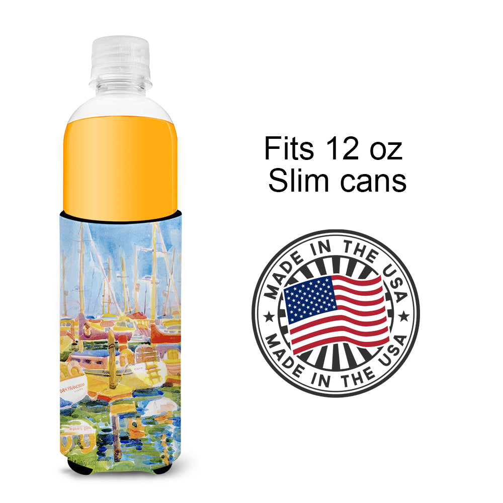 Boats at the Harbour Slim Can Hugger , Insulated Foam Hugger for 12 oz Slim Cans, Beer Bottles & Water Bottles, Printed in USA
