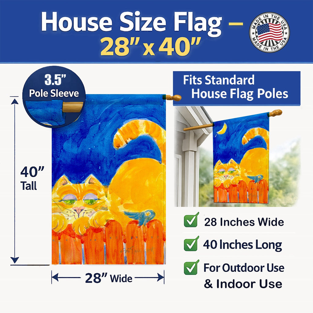 Big orange Tabby cat on the fence House Flag 28x40 Porch Sleeve Pole Decorative Outside Yard Banner Artwork Wall Hanging, Polyester