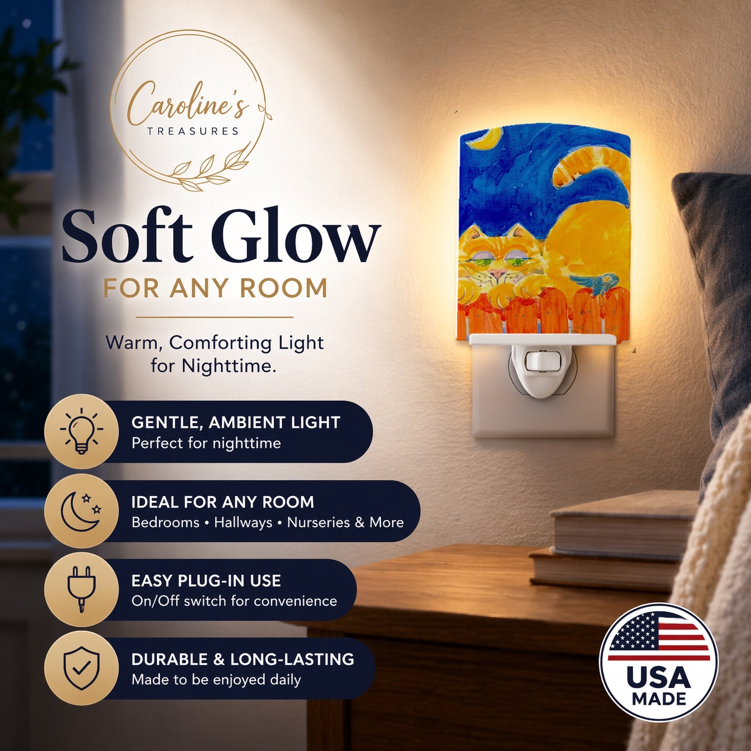 Big orange Tabby cat on the fence Ceramic Night Light Compact, UL-Certified, Ideal for Bedroom, Bathroom, Nursery, Hallway, Kitchen, 6x4x3, Multicolor