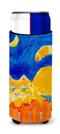 Big orange Tabby cat on the fence Slim Can Hugger , Insulated Foam Hugger for 12 oz Slim Cans, Beer Bottles & Water Bottles, Printed in USA