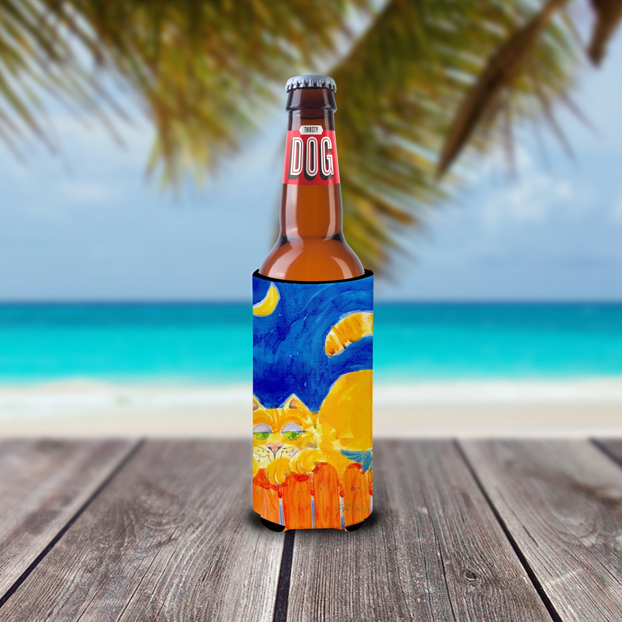 Big orange Tabby cat on the fence Slim Can Hugger , Insulated Foam Hugger for 12 oz Slim Cans, Beer Bottles & Water Bottles, Printed in USA