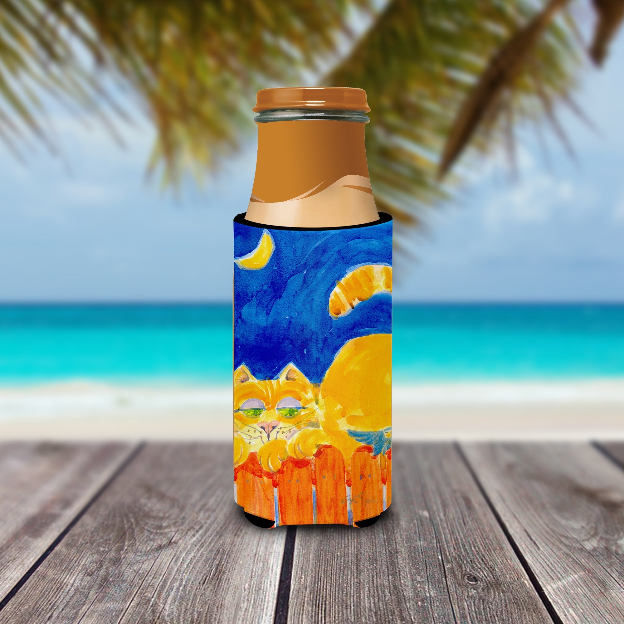 Big orange Tabby cat on the fence Slim Can Hugger , Insulated Foam Hugger for 12 oz Slim Cans, Beer Bottles & Water Bottles, Printed in USA