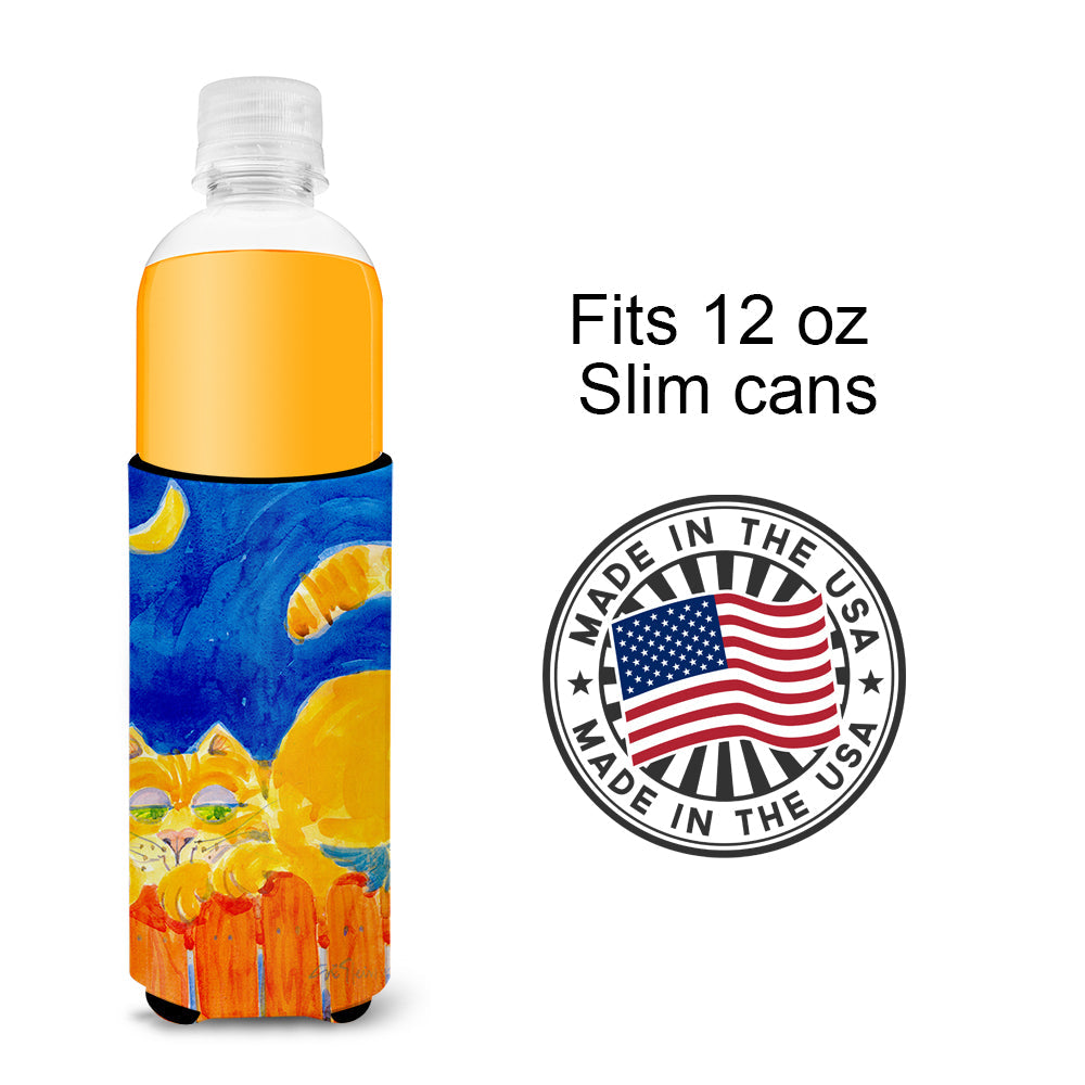 Big orange Tabby cat on the fence Slim Can Hugger , Insulated Foam Hugger for 12 oz Slim Cans, Beer Bottles & Water Bottles, Printed in USA