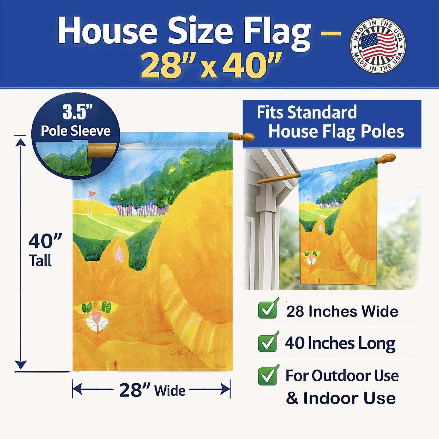 Big Orange Tabby Cat on the Golf Course House Flag 28x40 Porch Sleeve Pole Decorative Outside Yard Banner Artwork Wall Hanging, Polyester