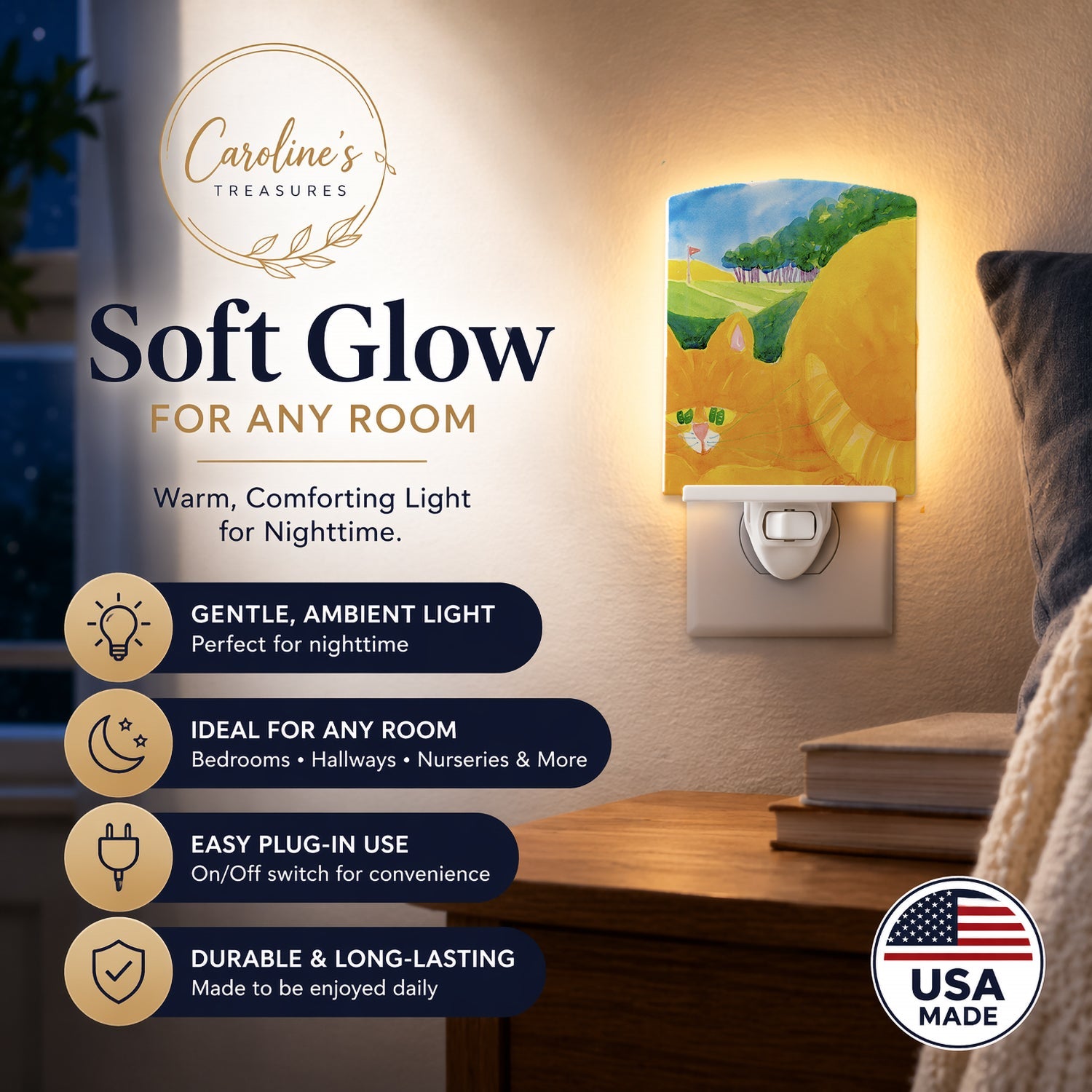 Big Orange Tabby Cat on the Golf Course Ceramic Night Light Compact, UL-Certified, Ideal for Bedroom, Bathroom, Nursery, Hallway, Kitchen, 6x4x3, Multicolor