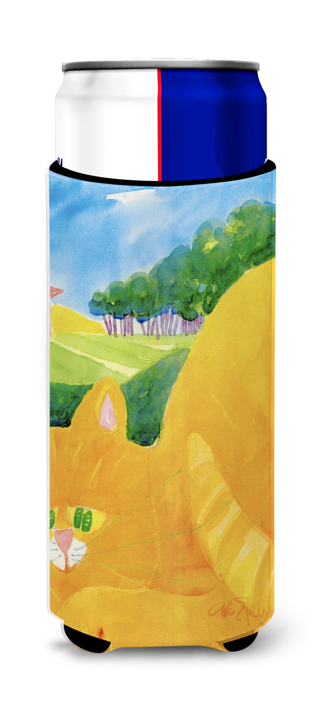 Big Orange Tabby Cat on the Golf Course Slim Can Hugger , Insulated Foam Hugger for 12 oz Slim Cans, Beer Bottles & Water Bottles, Printed in USA