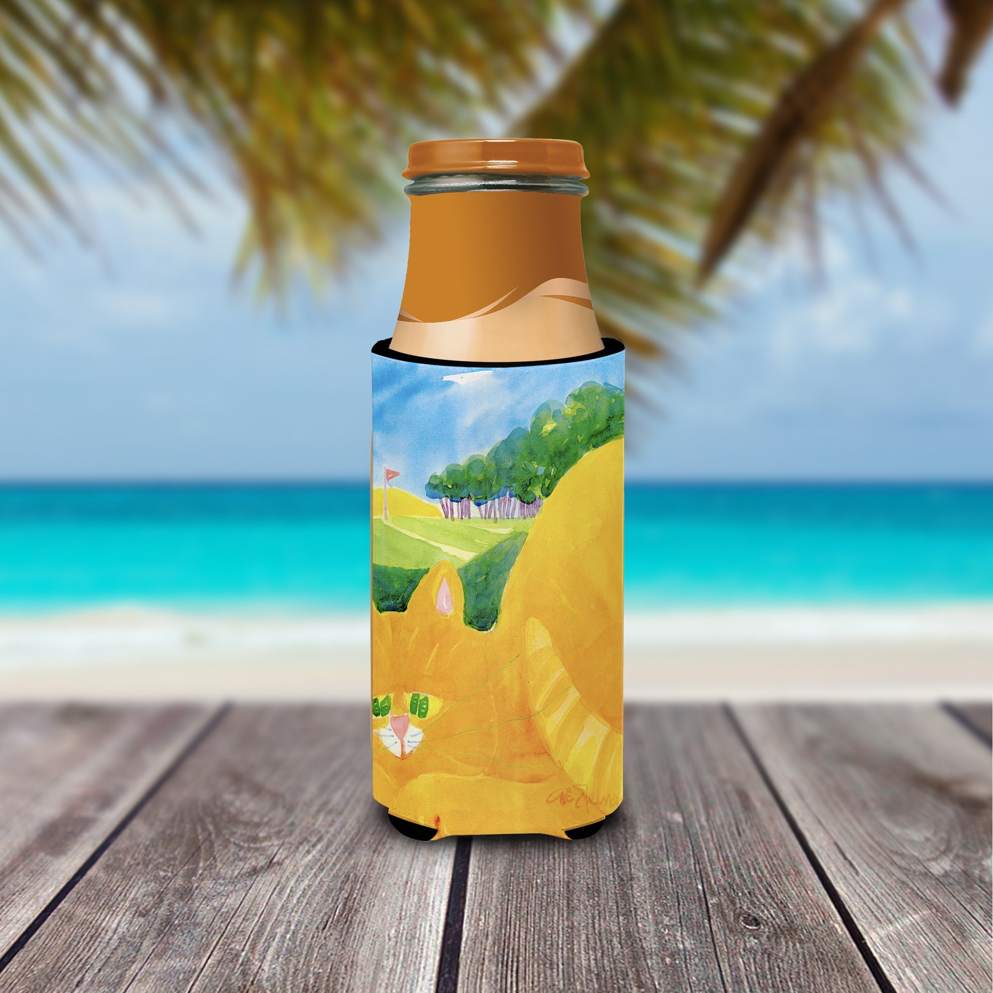 Big Orange Tabby Cat on the Golf Course Slim Can Hugger , Insulated Foam Hugger for 12 oz Slim Cans, Beer Bottles & Water Bottles, Printed in USA