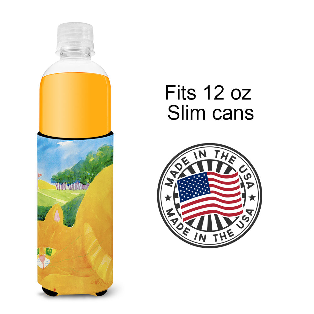 Big Orange Tabby Cat on the Golf Course Slim Can Hugger , Insulated Foam Hugger for 12 oz Slim Cans, Beer Bottles & Water Bottles, Printed in USA
