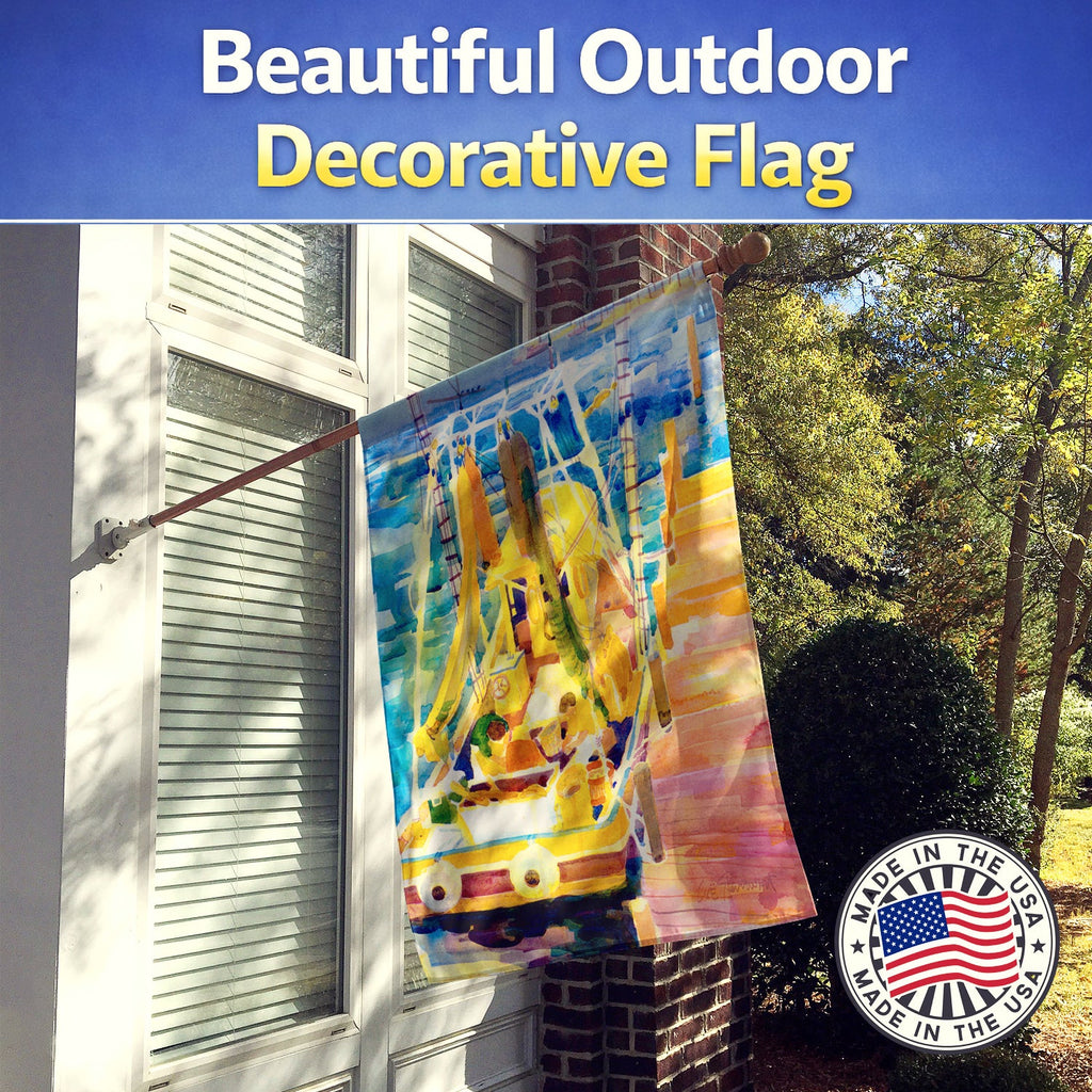 Shrimp Boats House Flag 28x40 Porch Sleeve Pole Decorative Outside Yard Banner Artwork Wall Hanging, Polyester