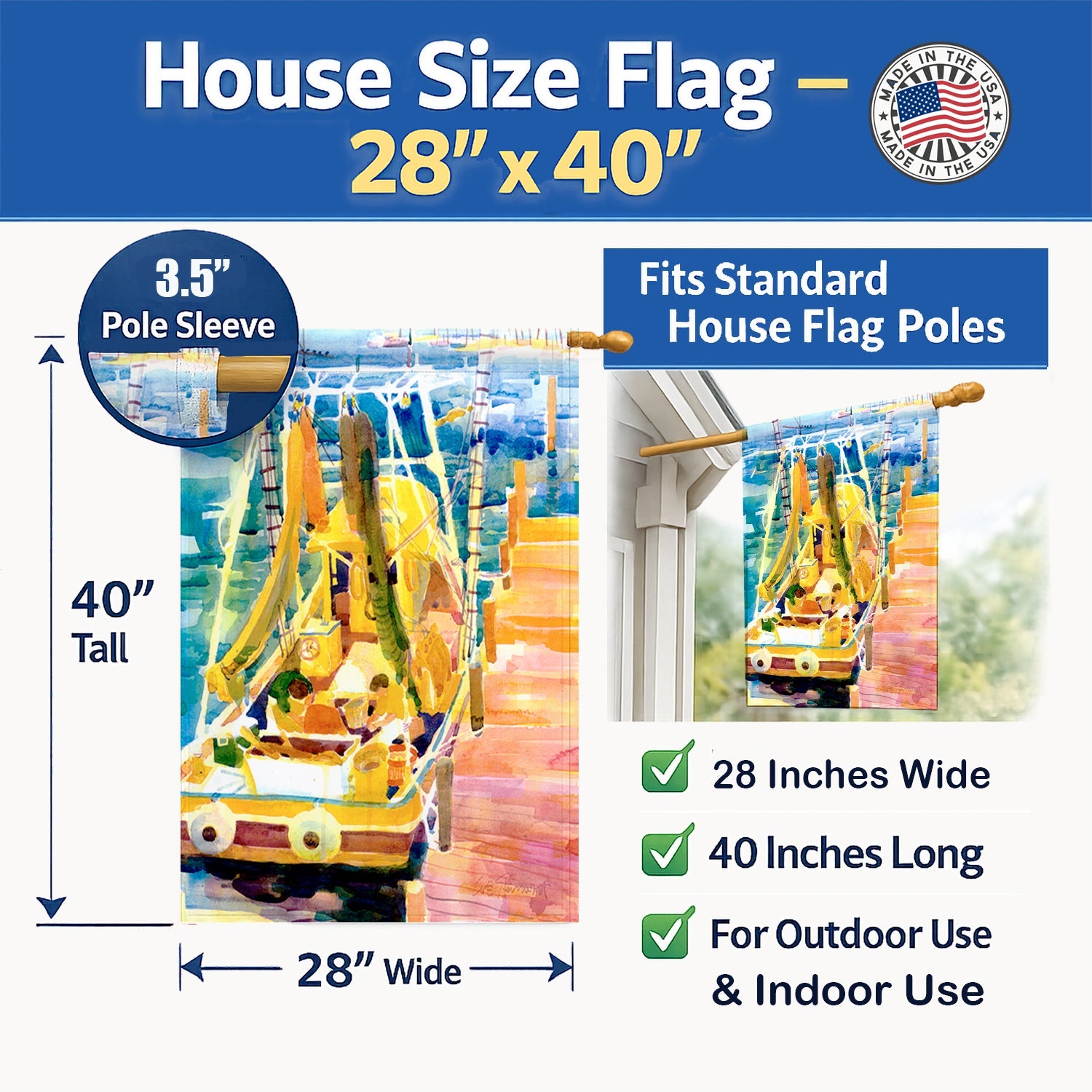 Shrimp Boats House Flag 28x40 Porch Sleeve Pole Decorative Outside Yard Banner Artwork Wall Hanging, Polyester