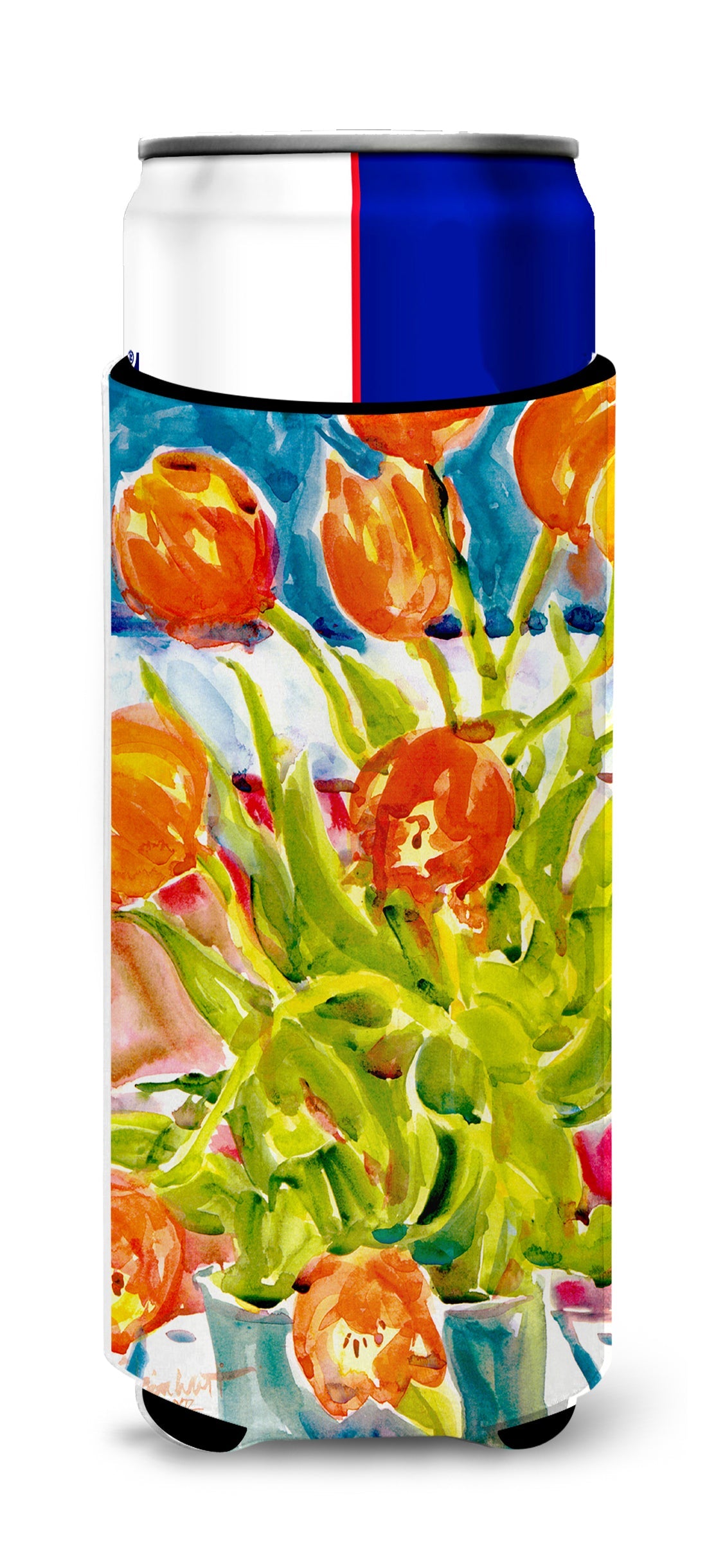 Flowers - Tulips Slim Can Hugger , Insulated Foam Hugger for 12 oz Slim Cans, Beer Bottles & Water Bottles, Printed in USA