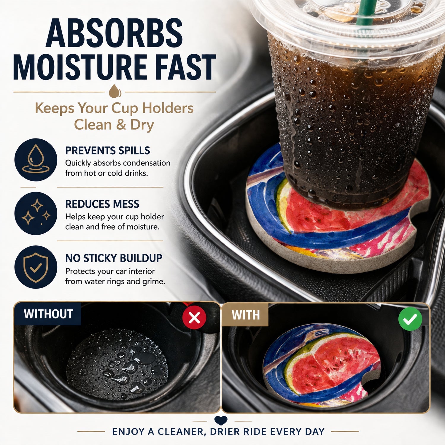 Watermelon Set of 2 Cup Holder Car Coasters Absorbent Round Sandstone Coasters Gifts for Men or Women, 2.5, Multicolor