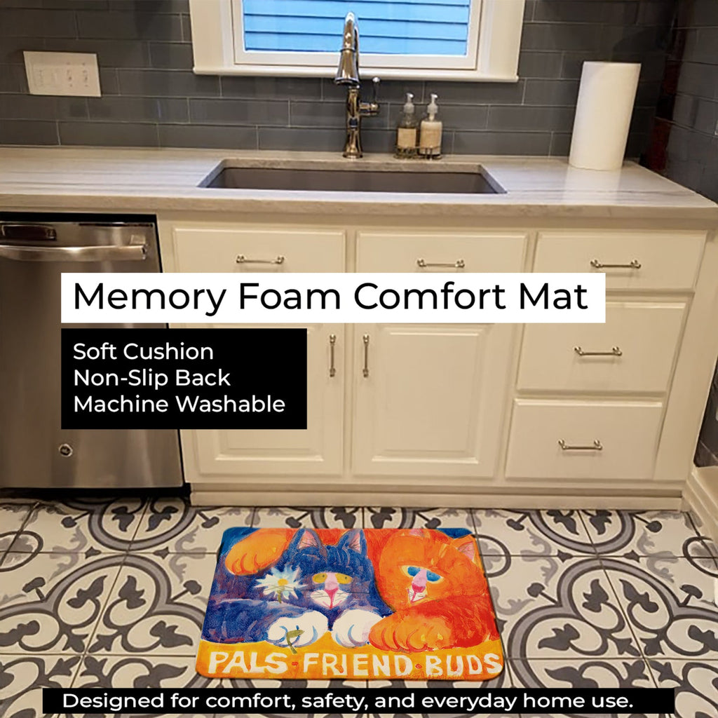 Cats Pals Friends Buds Memory Foam Kitchen Mat Machine Washable Anti-Fatigue Cushion Comfort Bath or Kitchen Rug