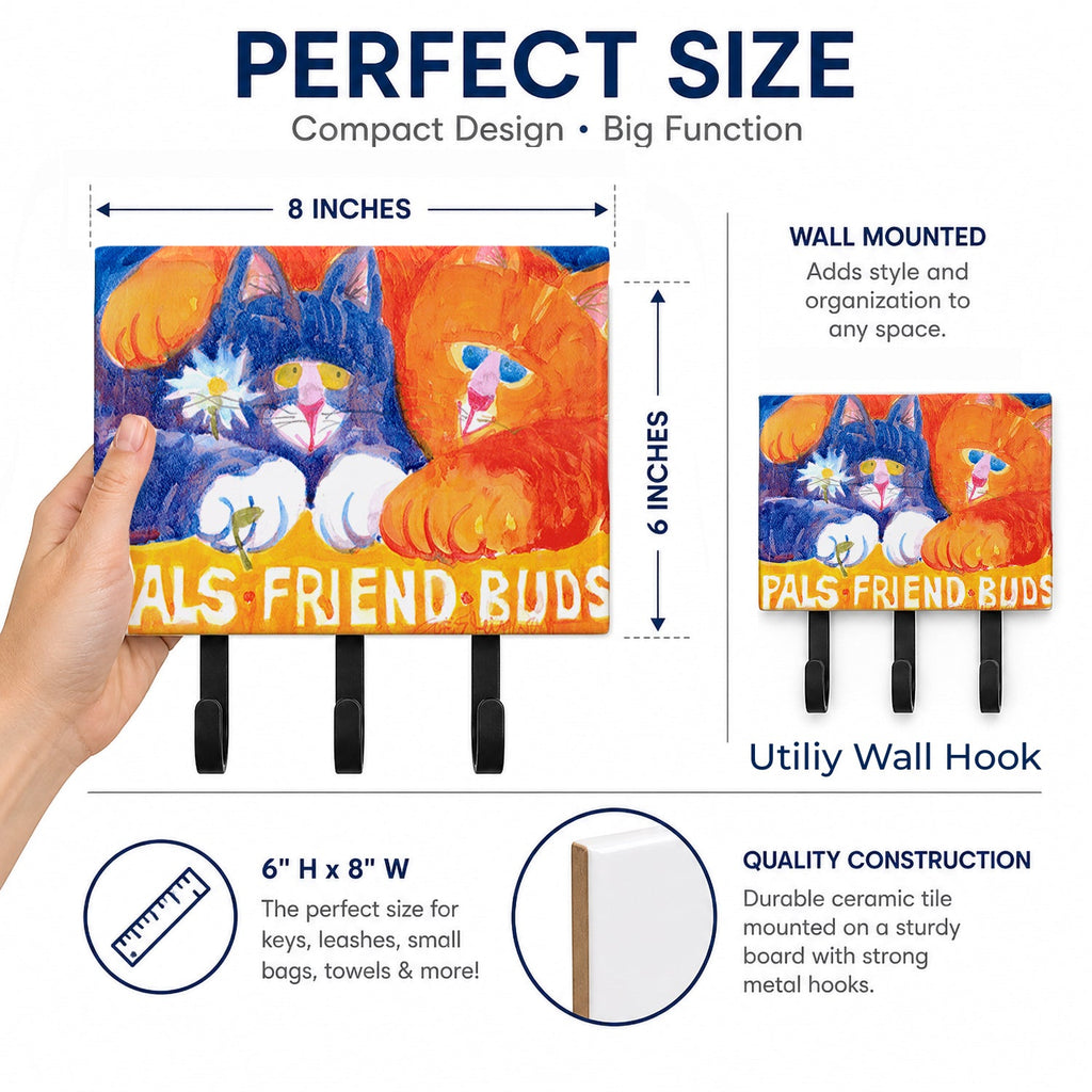 Cats Pals Friends Buds Leash or Key Holder Wall Hooks, Coat Rack Wall Mount, for Hanging Keys, Towels, Aprons, Leashes