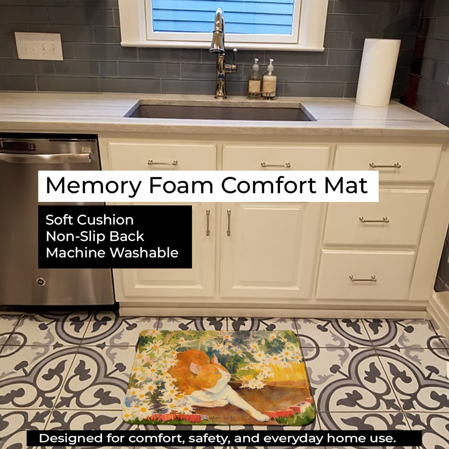 Cat Memory Foam Kitchen Mat Machine Washable Anti-Fatigue Cushion Comfort Bath or Kitchen Rug