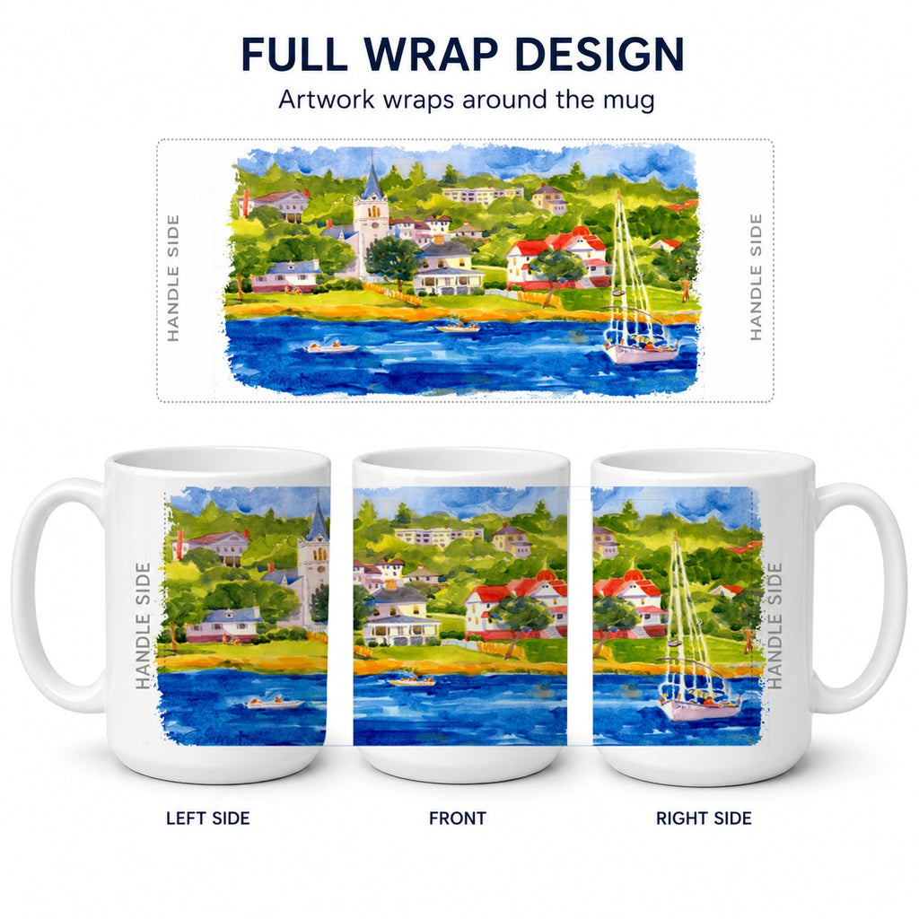 Harbour Scene with Sailboat Ceramic Coffee Mug 15 oz Decorative Large C Handle Mug Cup for Tea, Cocoa Hot Chocolate