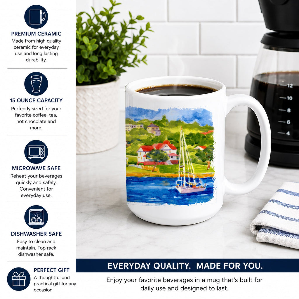 Harbour Scene with Sailboat Ceramic Coffee Mug 15 oz Decorative Large C Handle Mug Cup for Tea, Cocoa Hot Chocolate
